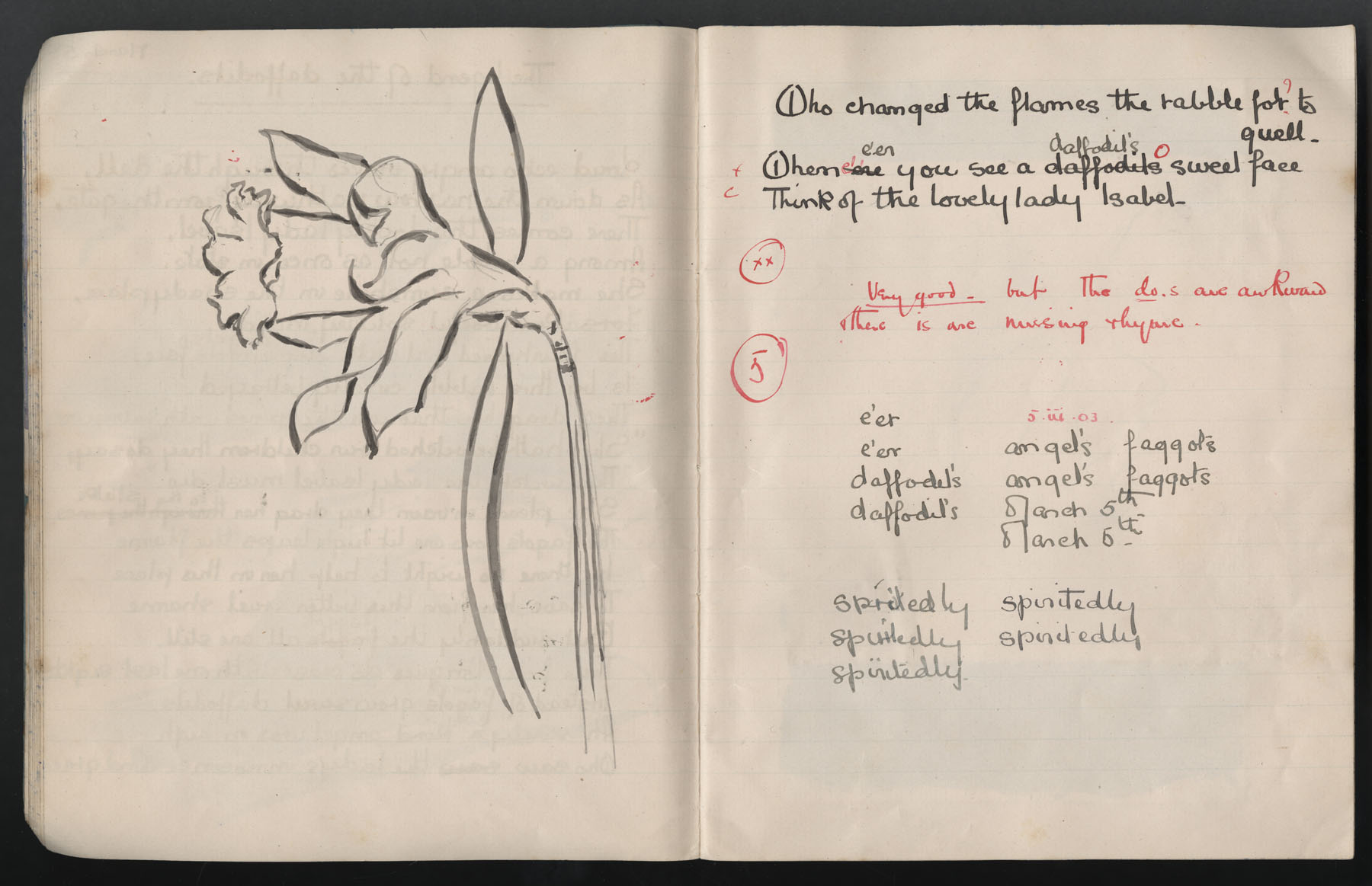 Ruth Martin Carvill's 1903 Composition book, poem entitled "The Legend of the Daffodils", dated 5 March 1903, pg 3 &amp; 4 of 4.