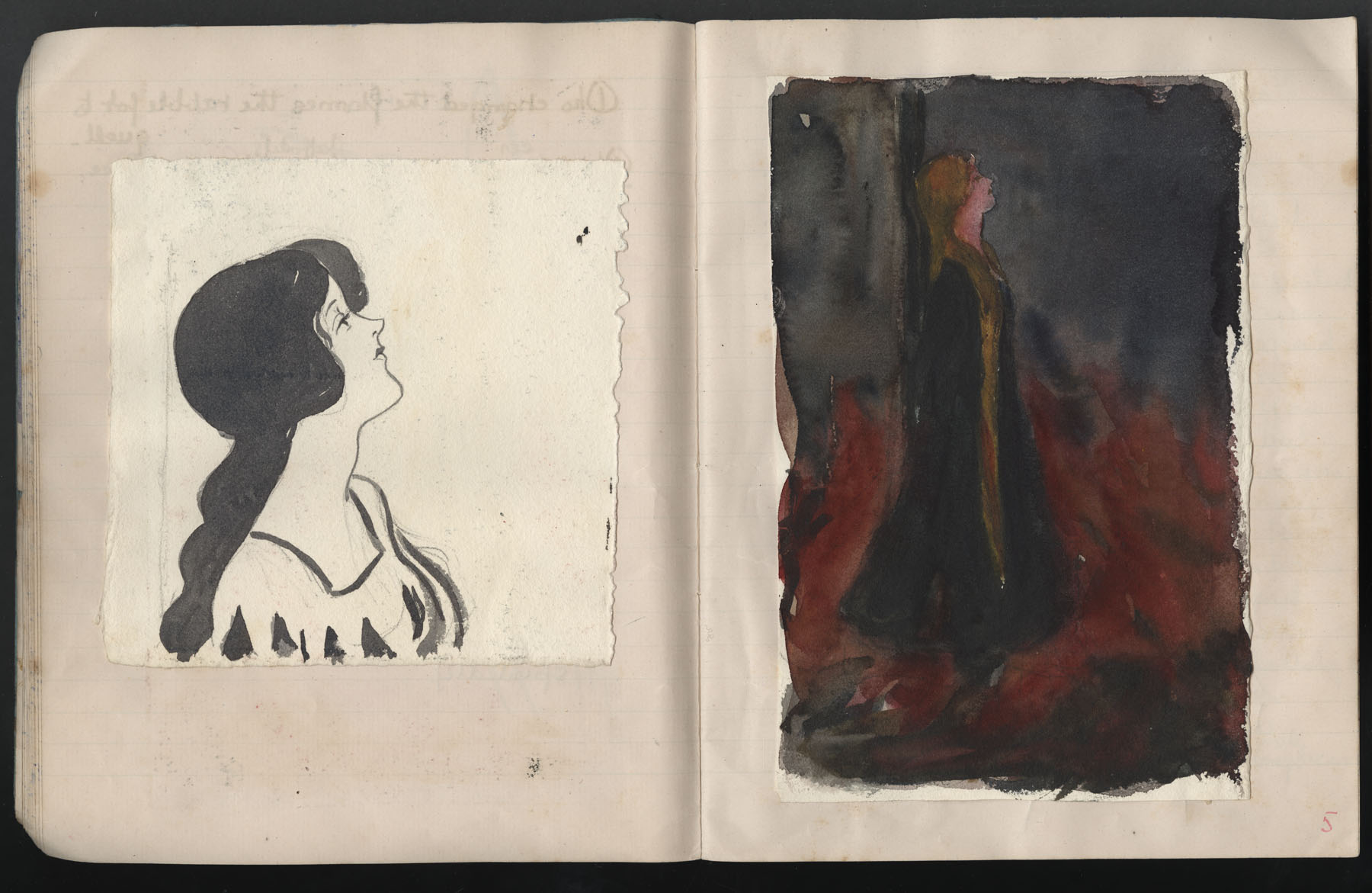 Ruth Martin Carvill's 1903 Composition book, undated. Two watercolors of a woman looking up.