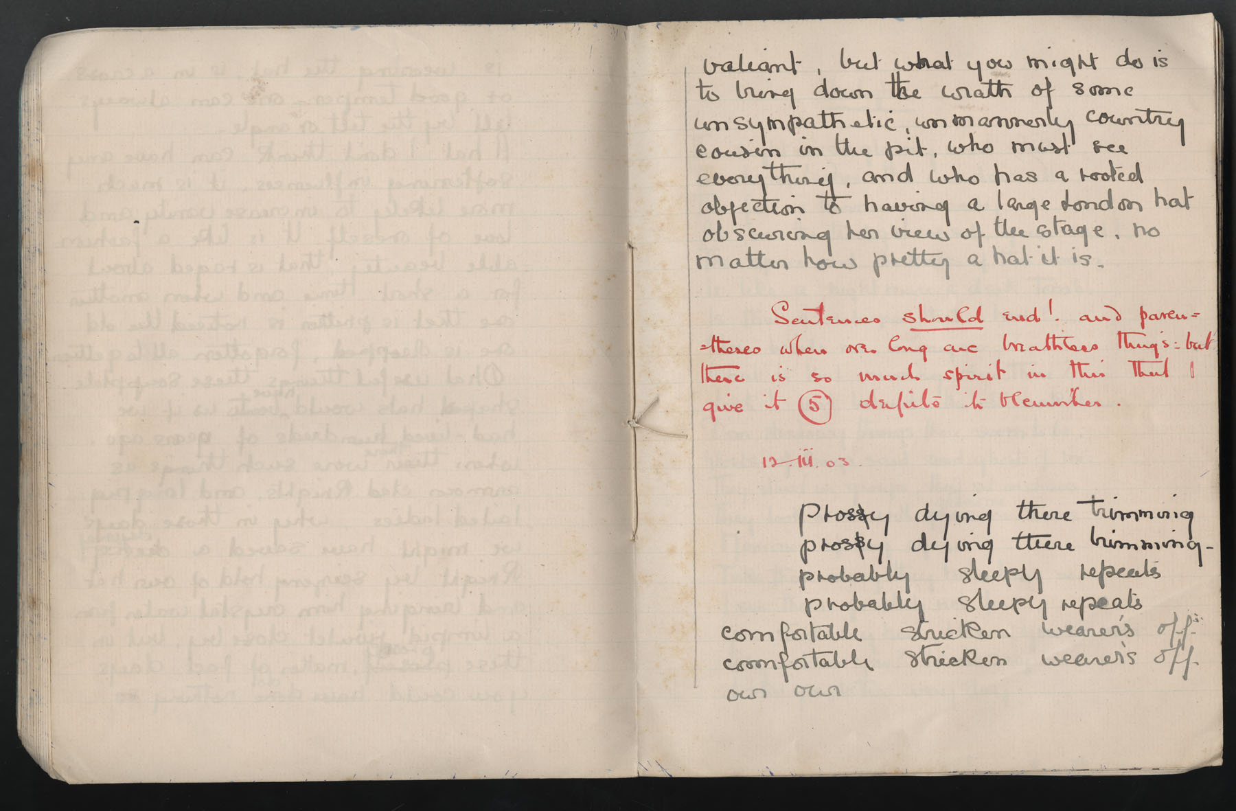 Ruth Martin Carvill's 1903 Composition book, essay about hats, dated 10 March 1903, pg 13 &amp; 14 of 14.