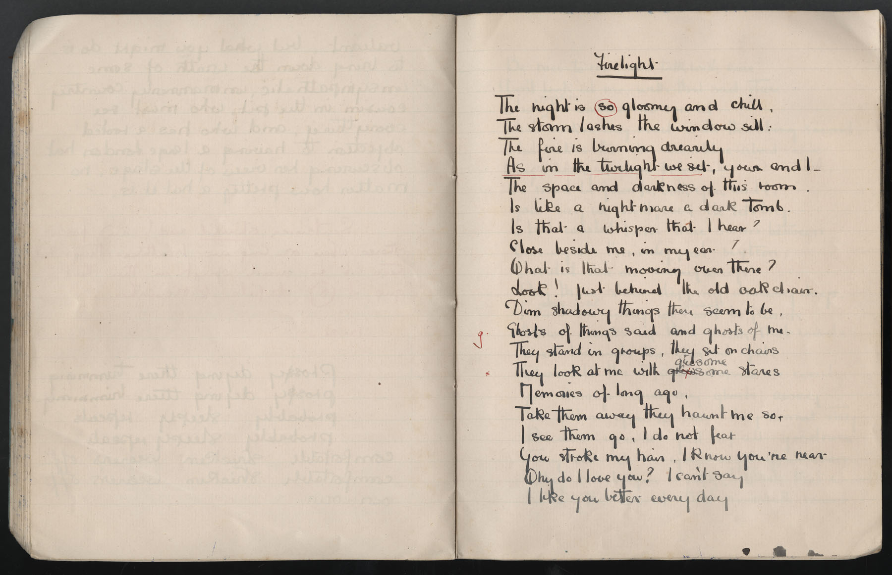 Ruth Martin Carvill's 1903 Composition book, poem entitled "Firelight', dated 19 March 1903, pg 1 of 3.