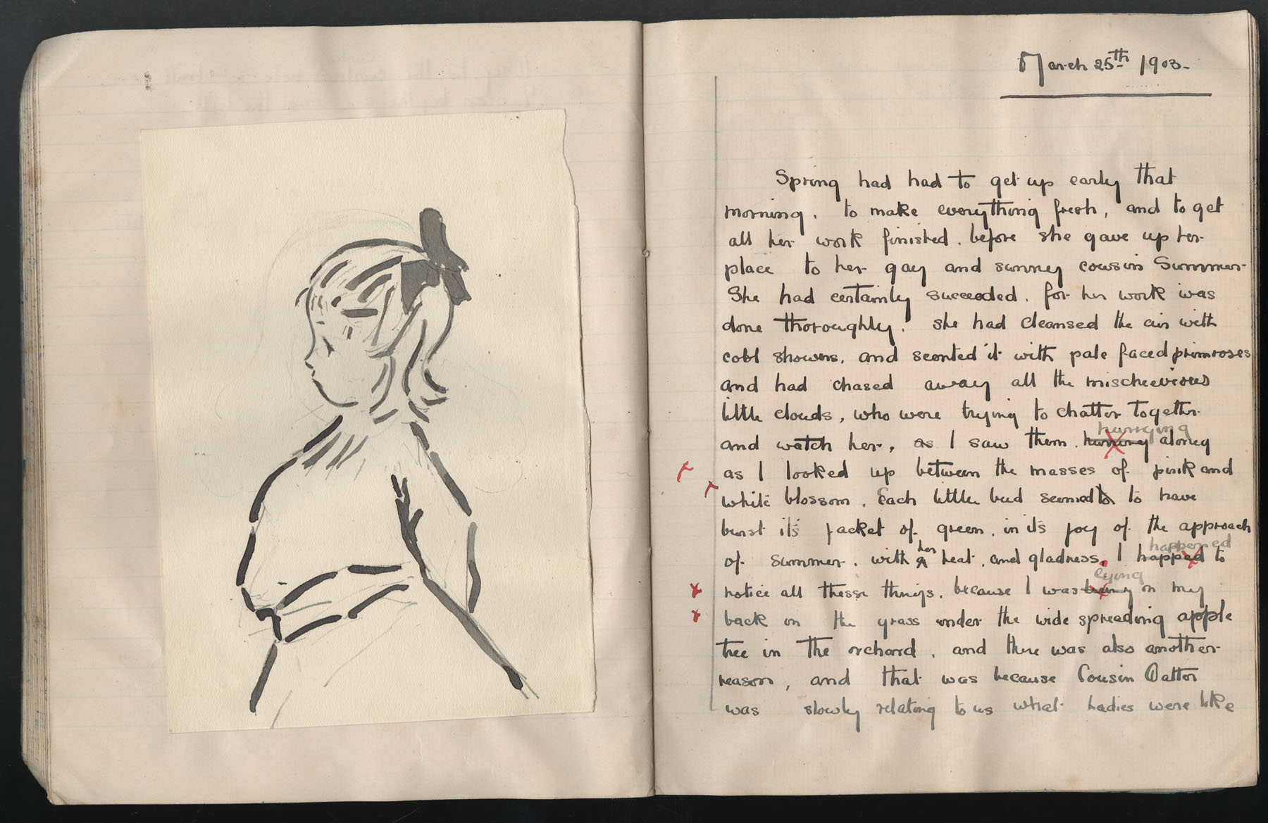 Ruth Martin Carvill's 1903 Composition book, Essay about Spring &amp; what is a lady?, dated 25 March 1903, pg 1 &amp; 2 of 8