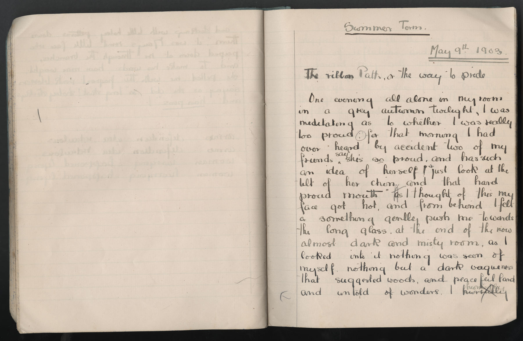 Ruth Martin Carvill's 1903 Composition book, "Summer term', essay on Pride,  dated 9 May 1903, pg 1 of 5.