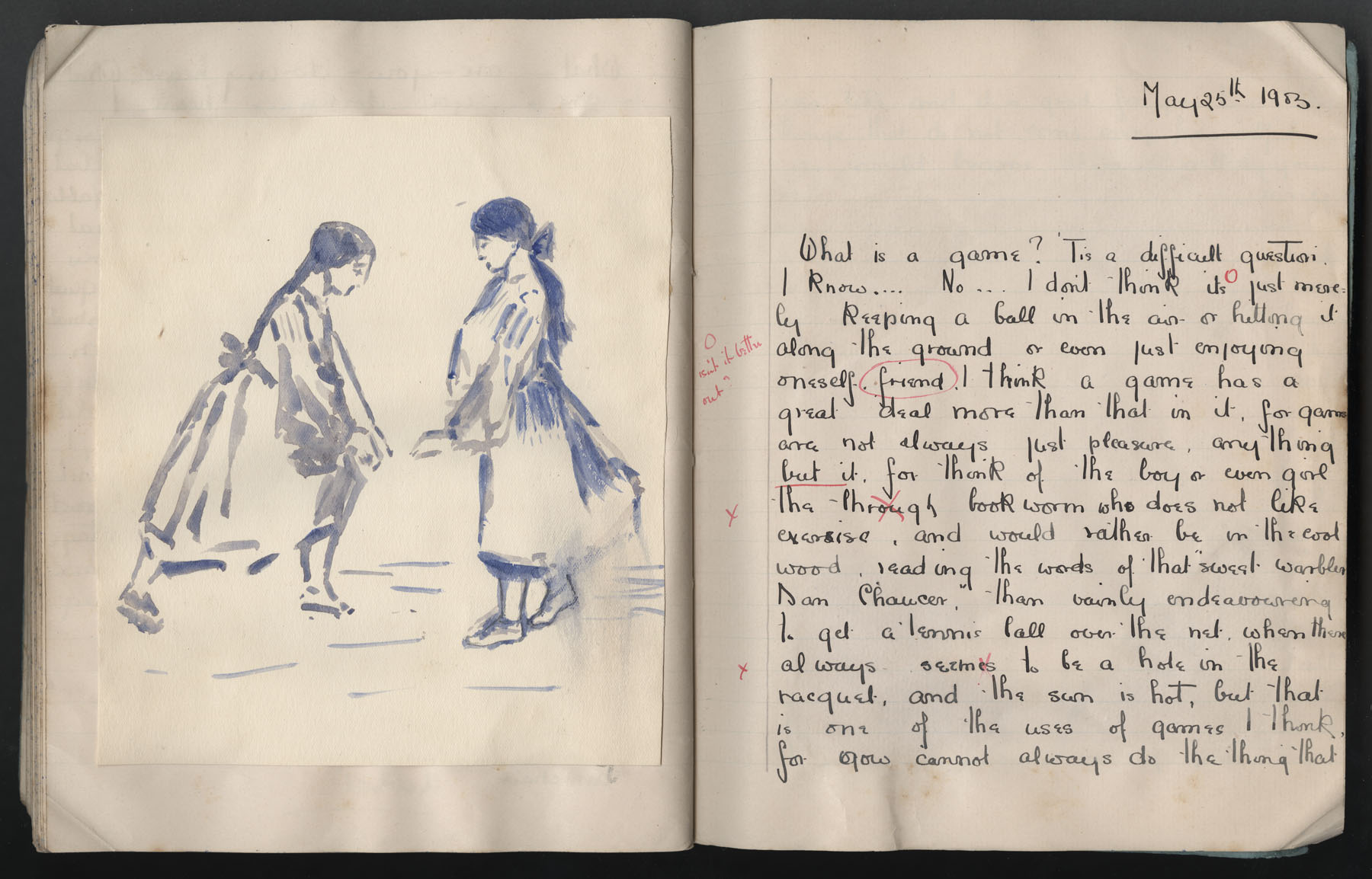 Ruth Martin Carvill's 1903 Composition book, "What is a Game?',  dated 25 May 1903, pg 1 &amp; 2 of 8.