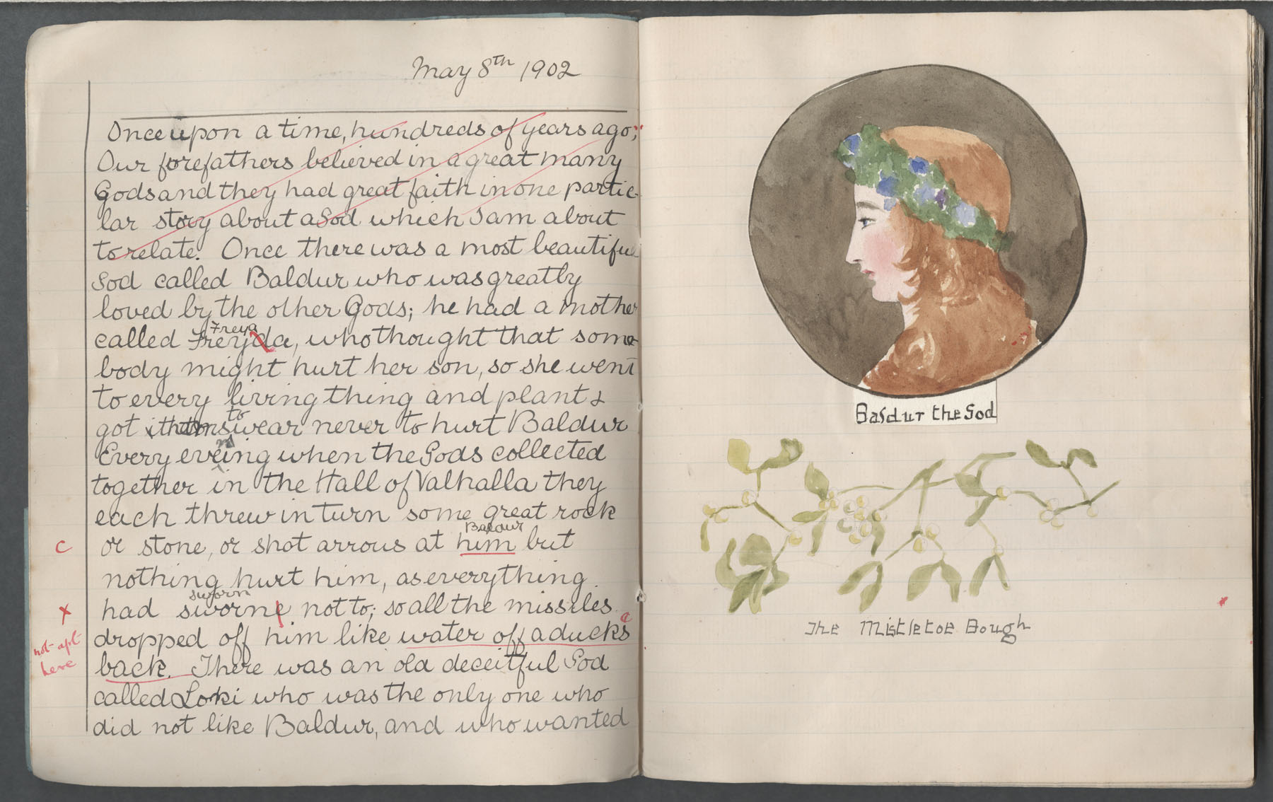 Ruth Martin Carvill-s early 1902 Composition book, "Baldur the God", 8 May 1902, page 1 of 3