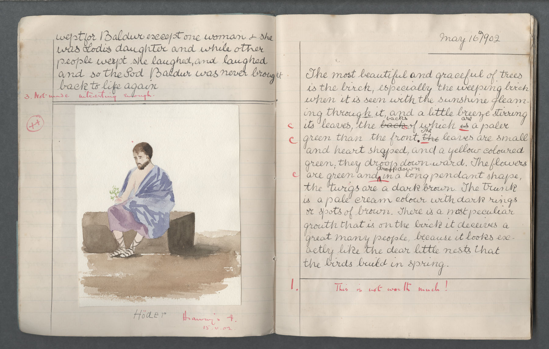 Ruth Martin Carvill-s early 1902 Composition book, "Baldur the God", 8 May 1902, page 3 of 3 &amp; also the 16 May 1902 essay on the birch tree.