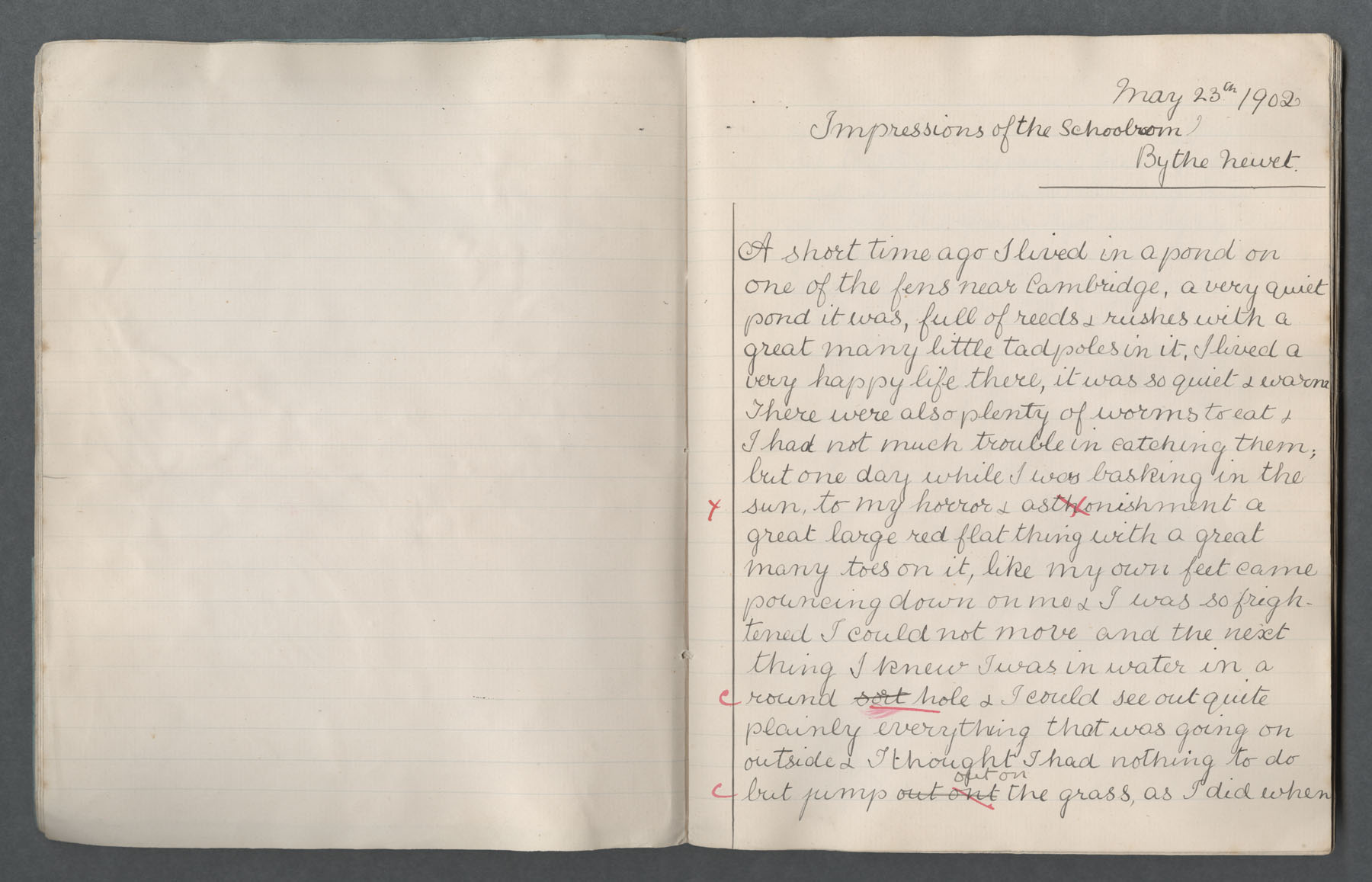 Ruth Martin Carvill-s early 1902 Composition book, "Impressions of the Schoolroom, By the Newet", dated 23 May 1902, pg 1 of 4