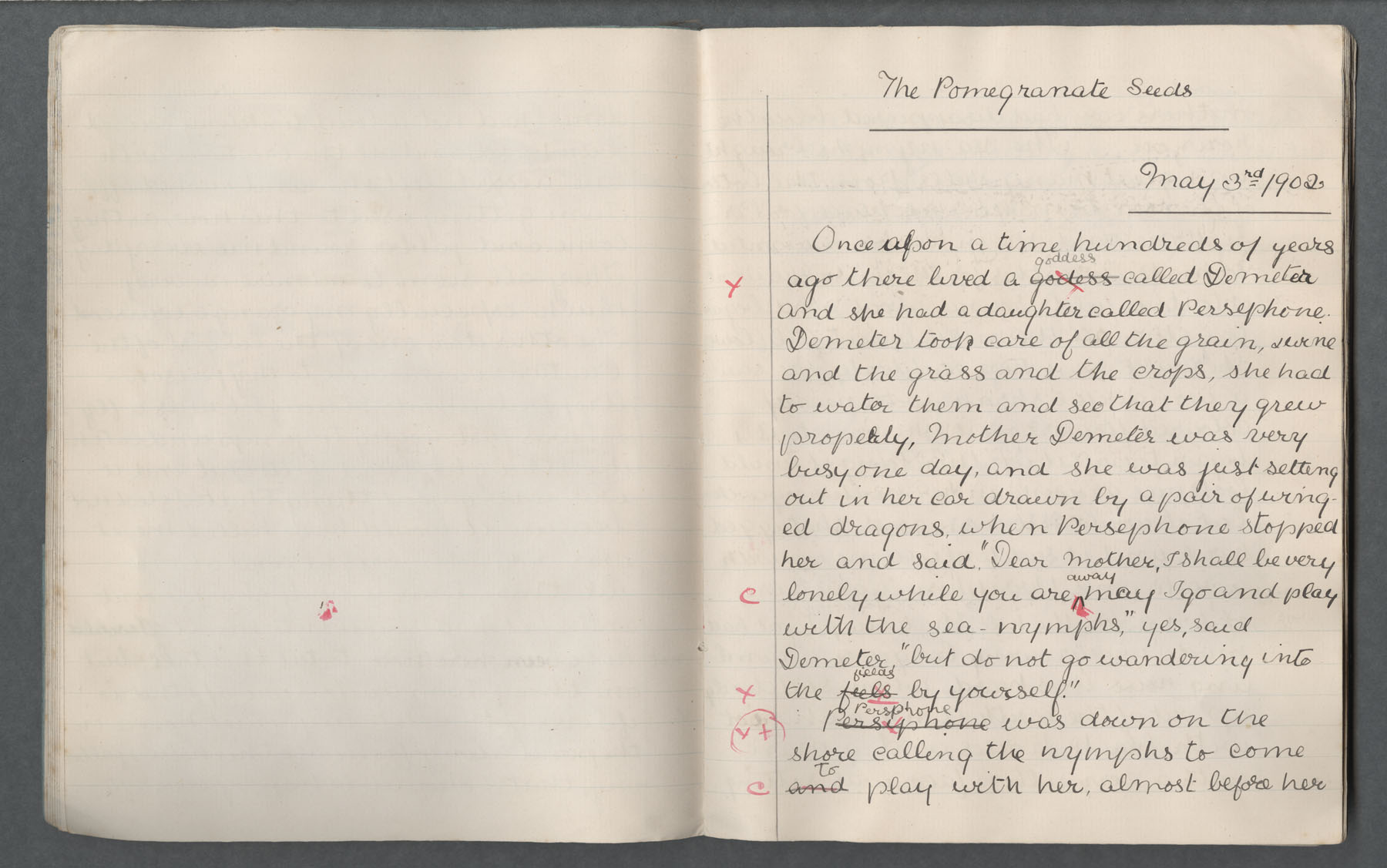 Ruth Martin Carvill-s early 1902 Composition book, "The Pomegranate Seeds", 3 May 1902, page 1 of 4