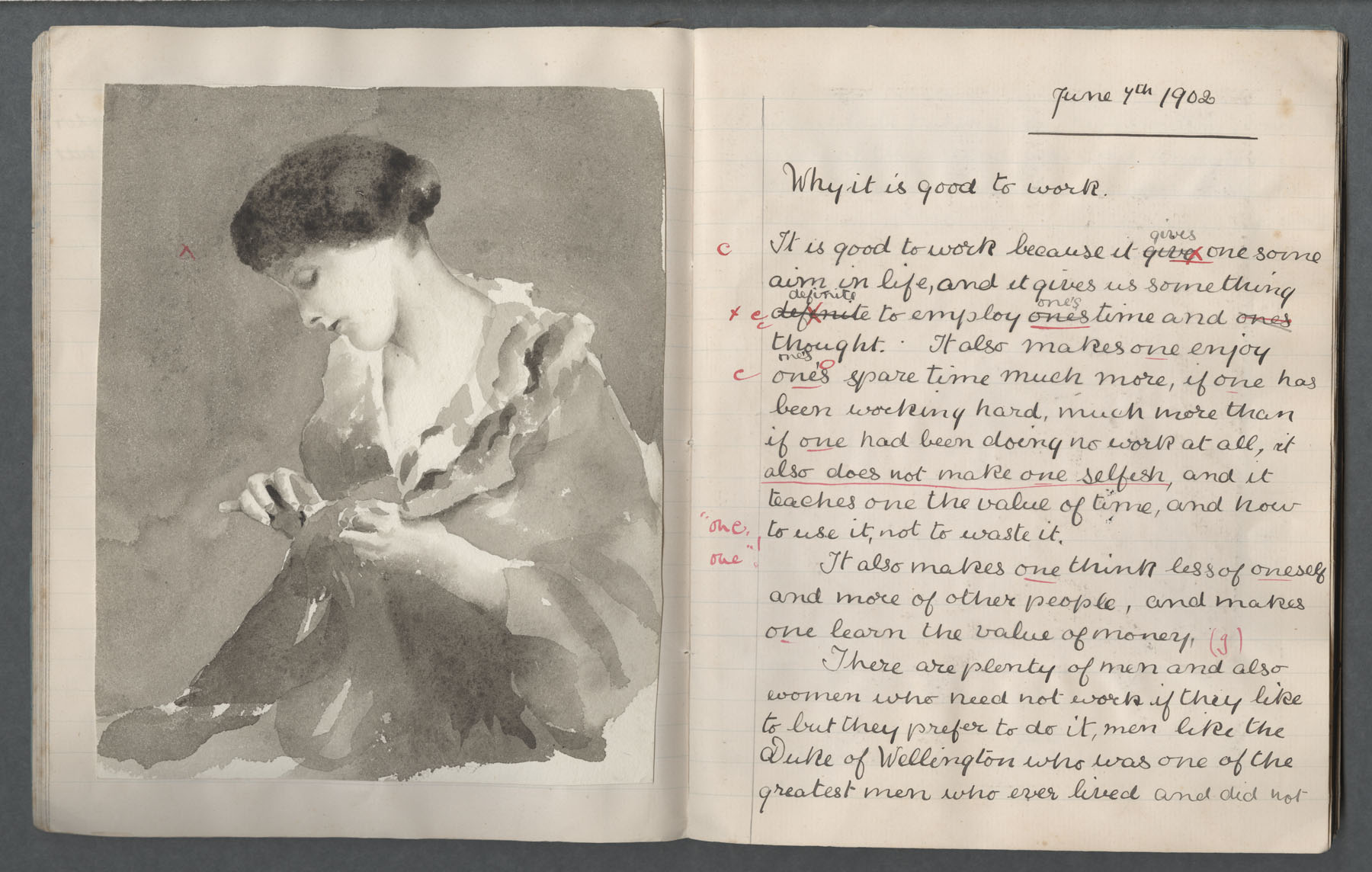 Ruth Martin Carvill-s early 1902 Composition book, "Why it is good to work", 7 June 1902, page 1 of 3