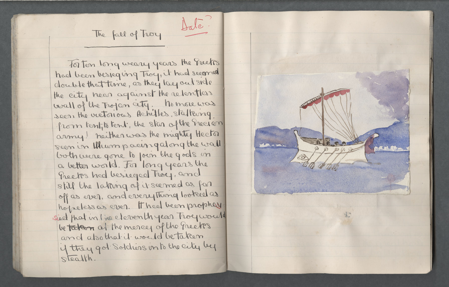 Ruth Martin Carvill-s early 1902 Composition book, "The Fall of Troy", undated, page 1 of 6