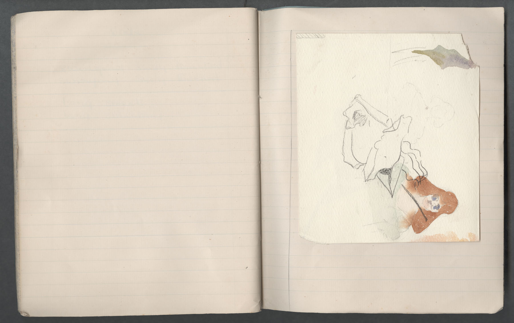 Ruth Martin Carvill-s 1902 Composition book, water color painting of a woman with pencil drawing of a rose, undated.