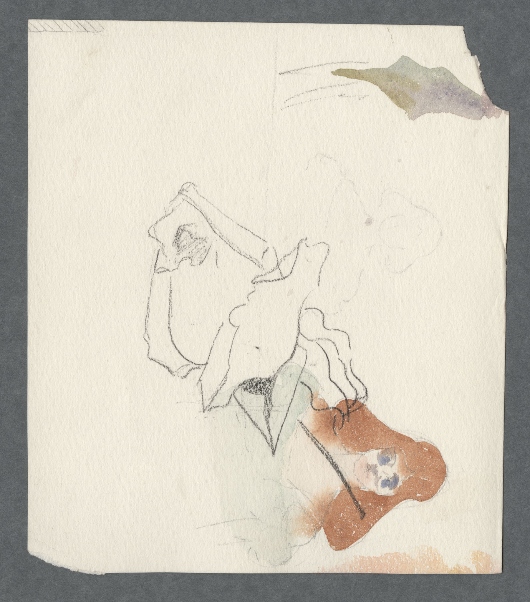 Ruth Martin Carvill-s 1902 Composition book, water color painting of a woman with pencil drawing of a rose, undated. (close up)