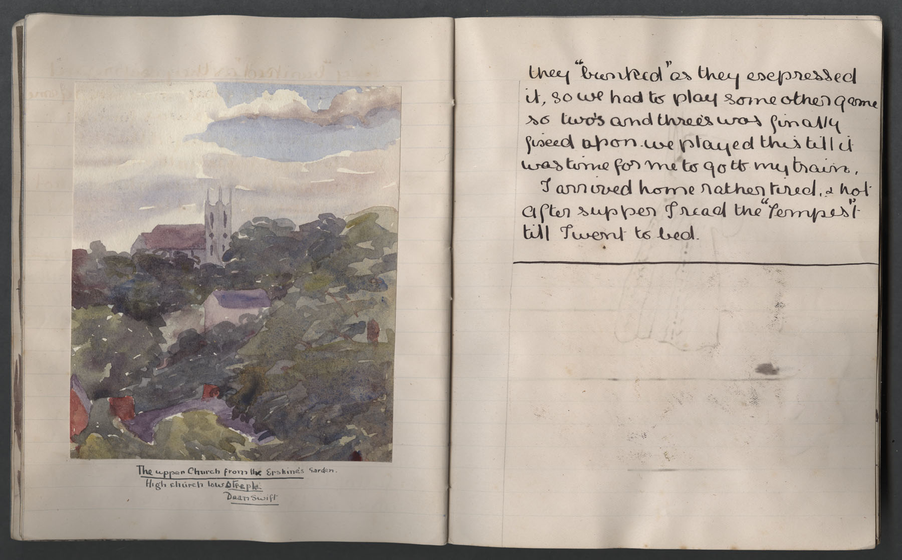 Left page has watercolour of 'upper Church from Erskine's garden' - right page - played twos and threes - go to my train