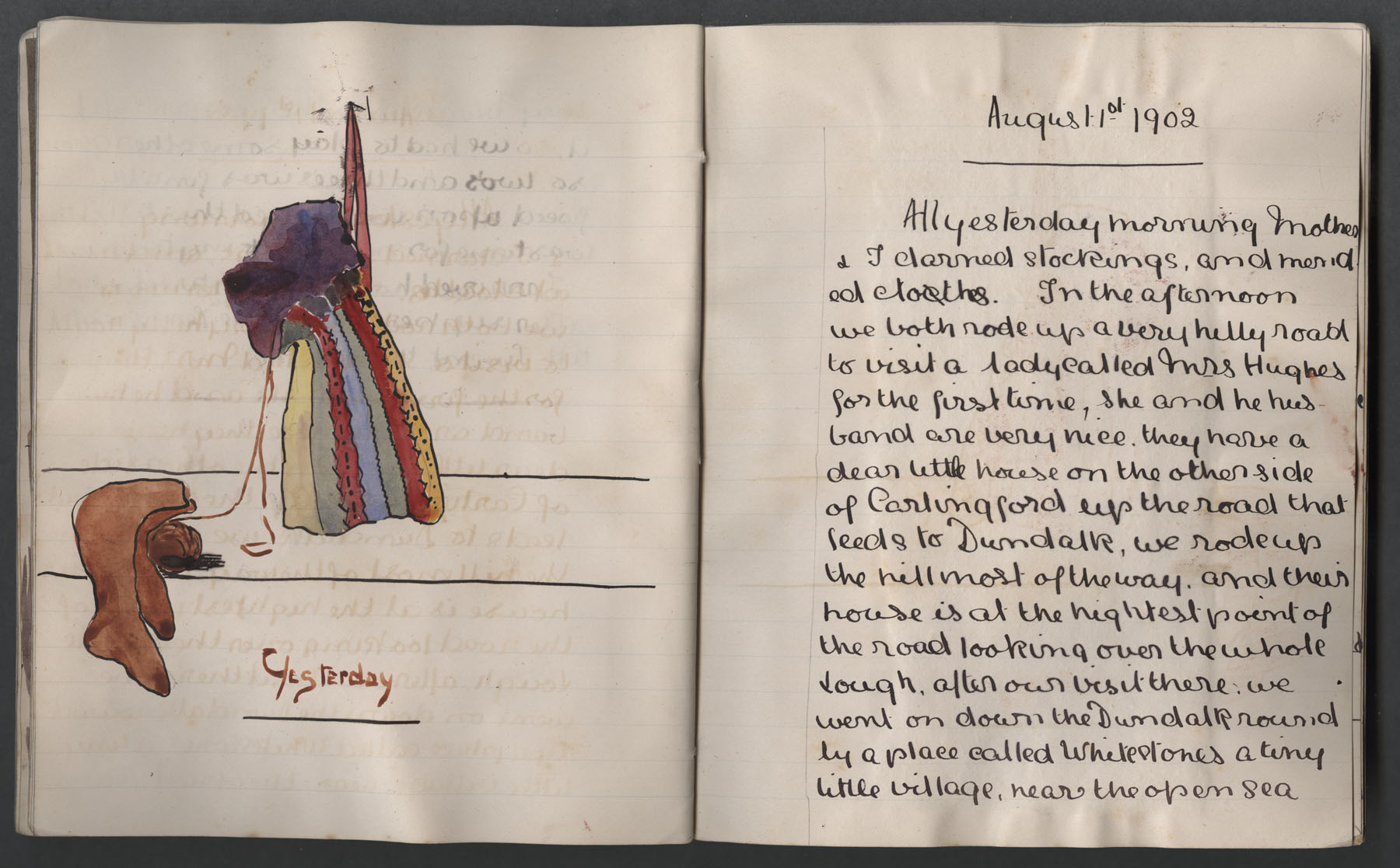 Left page has watercolour of darned stockings and a mended dress with 'yesterday' written underneath. Right page has entry about darning stockings, mending clothes, visiting Mrs Hughs and Whitestones along the Dundalk sound.