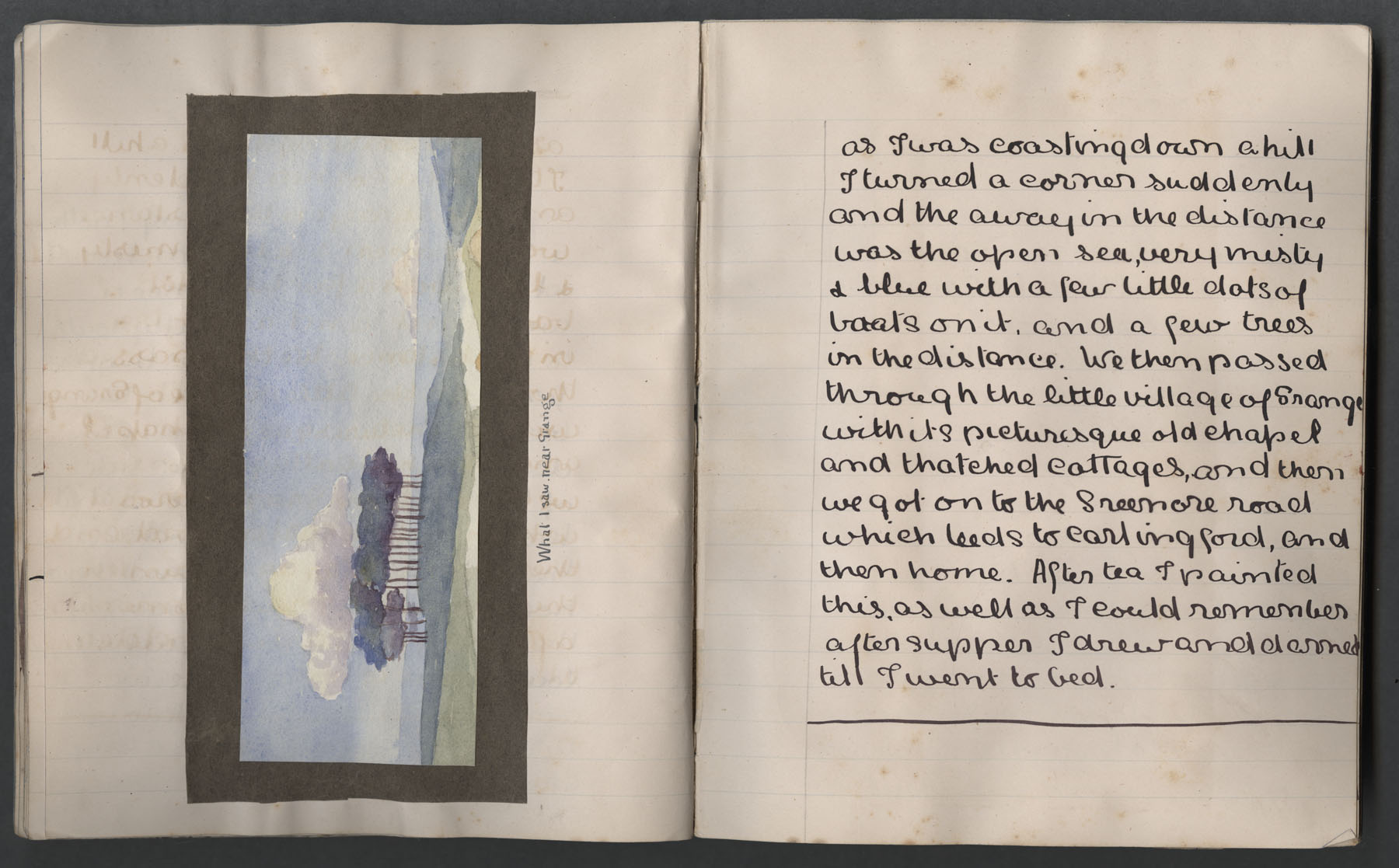 Left page has a seascape watercolour near Grange with the following inscription underneath: 'What I saw near Grange'. Page 2 has entries about about this trip along the coast and visiting Grange