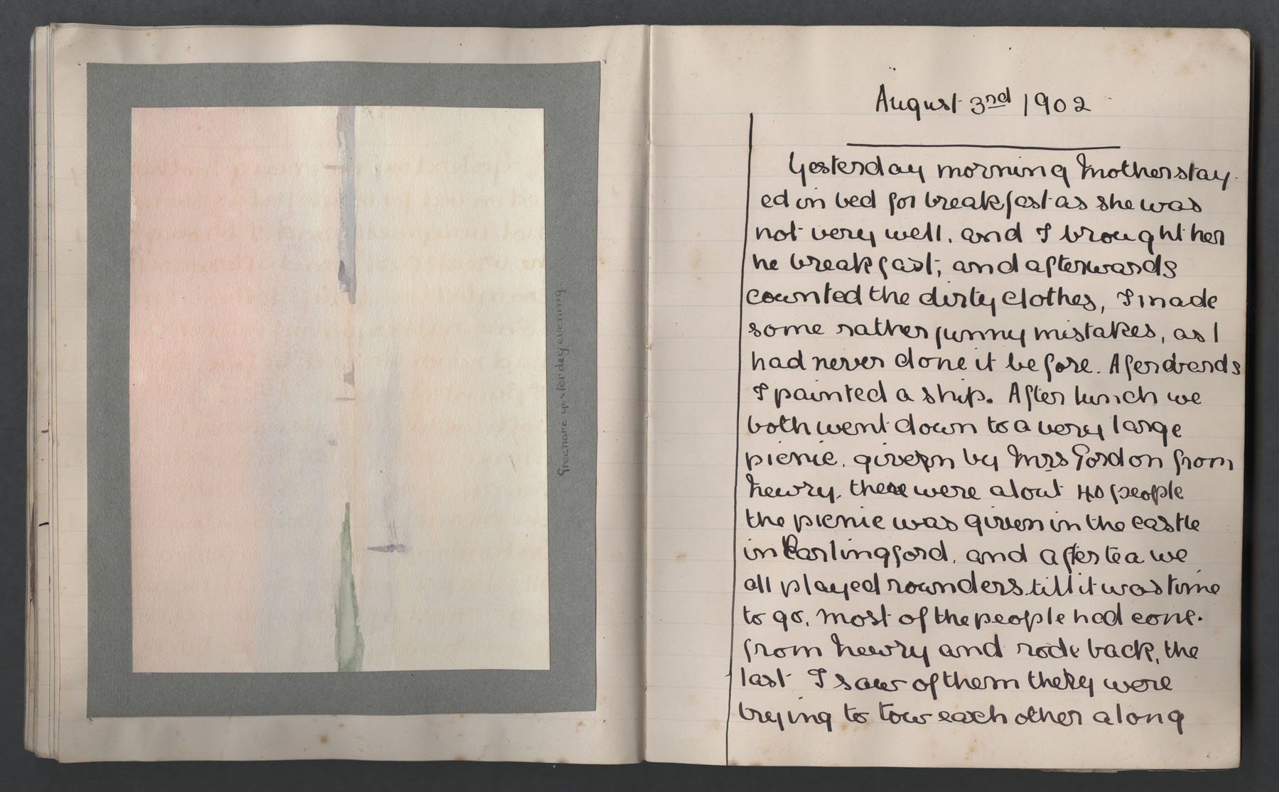 Left page has seascape sunset view with caption 'Greenore yesterday evening'. Right page has entries such as: Mother stayed in bed for breakfast as she was not very well', 'I made some funny mistakes', 'we both went down to a very large picnic given by Mr