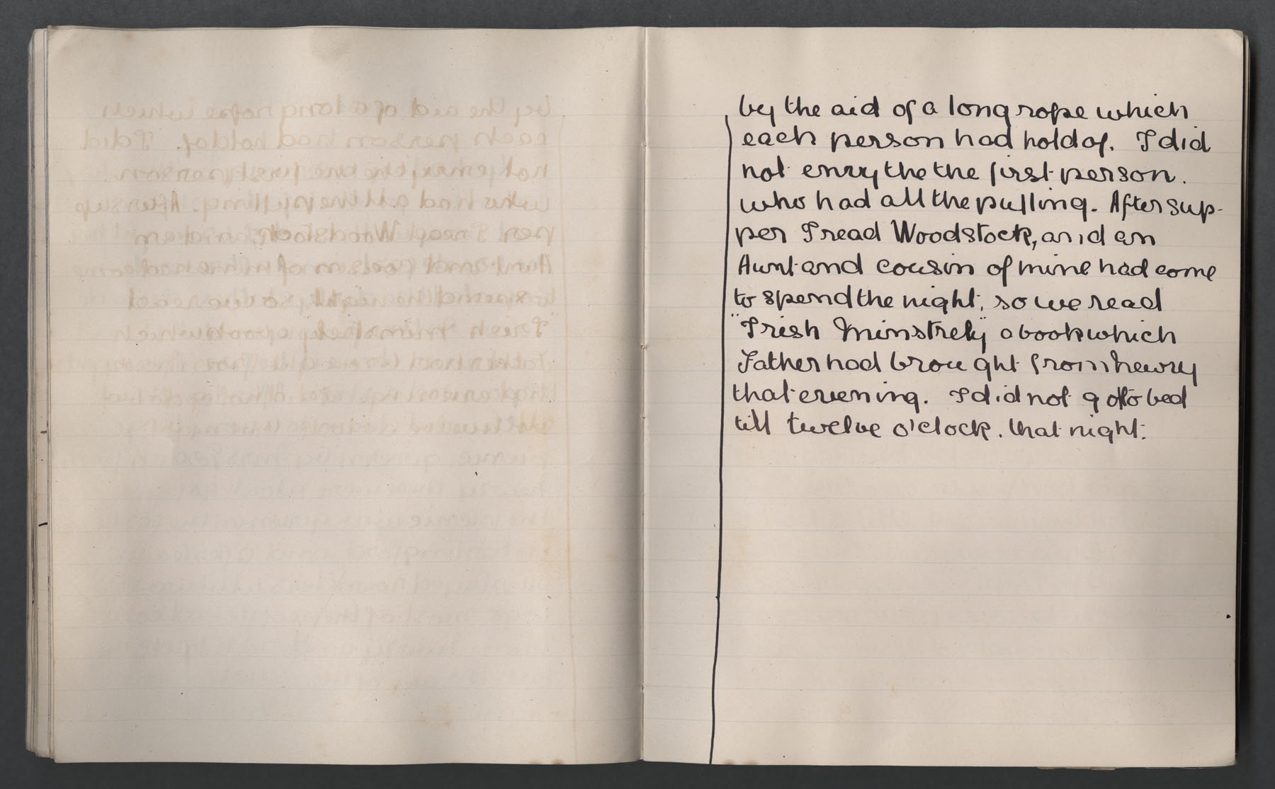 Left page blank. Right page: 'by aid of a long rope which each person had hold of', 'After supper I read Woodstock'