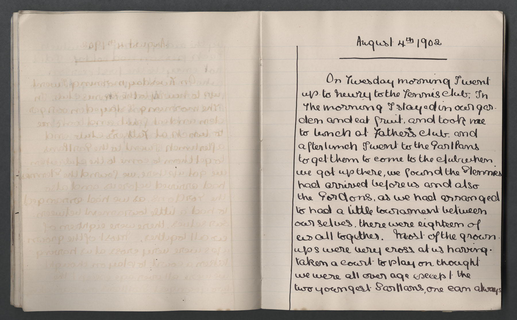 Left page blank-right page 'went up to Newry to the tennis club', 'Most of the grownups were very cross at us'