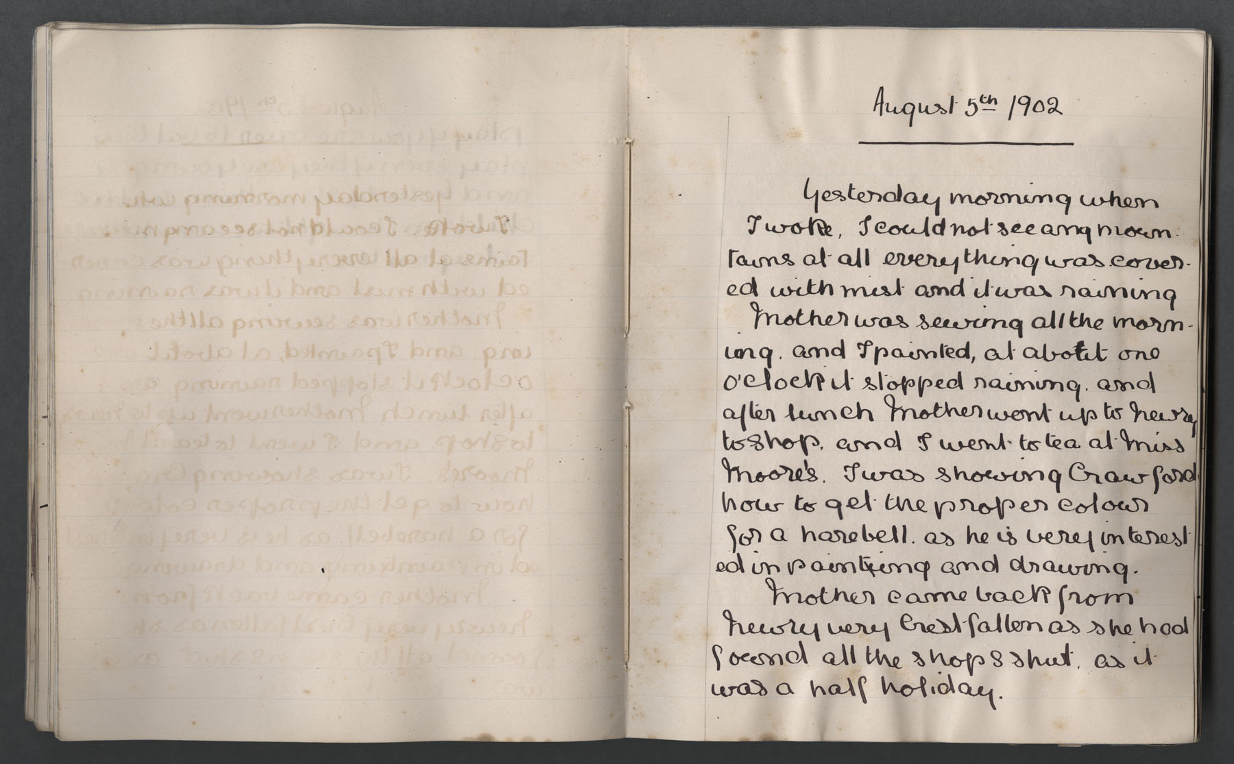 Left page blank. Right page 'I could not see any mountains at all, everything was covered in mist', 'I was showing Crawford how to get the proper colour'