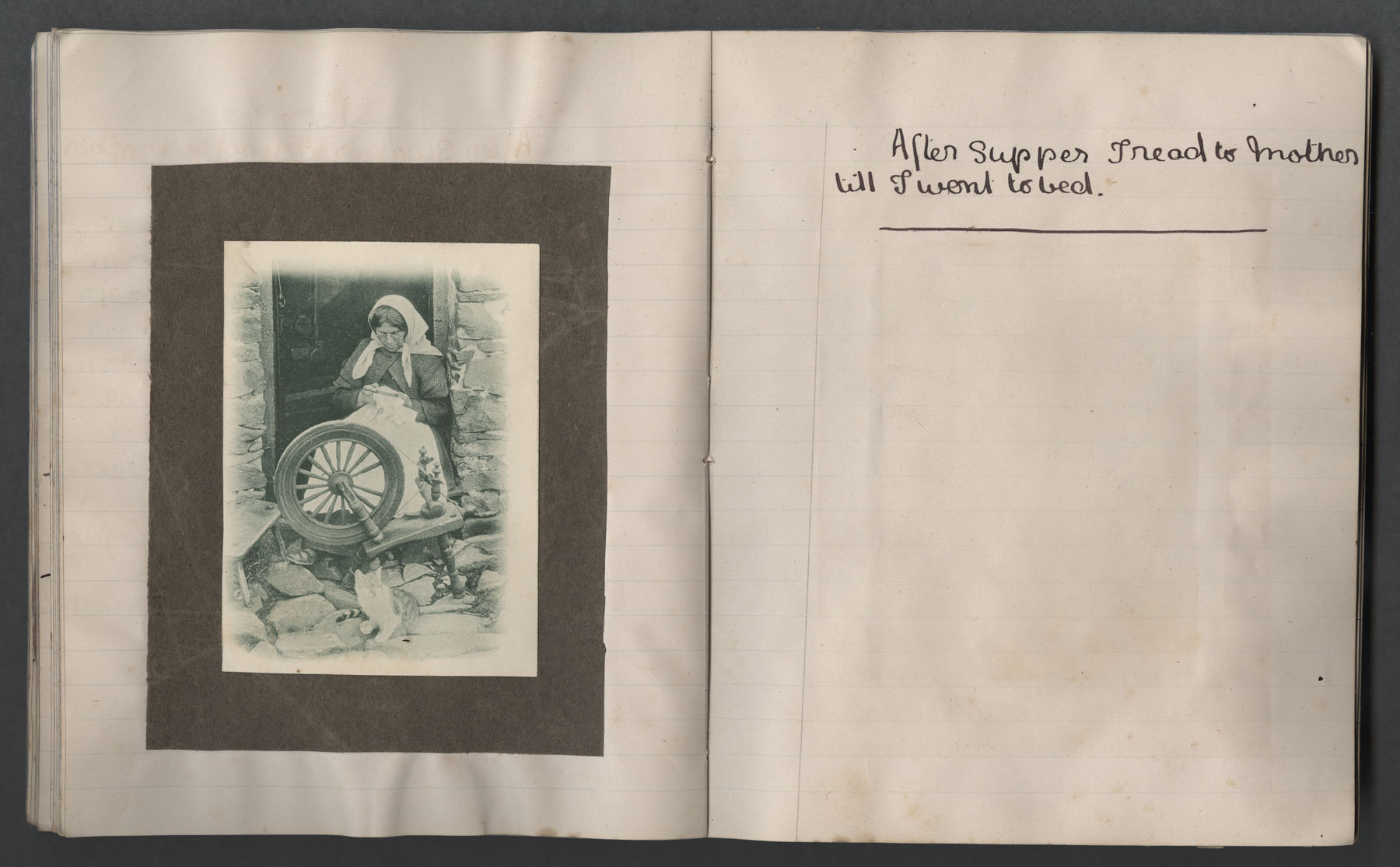 Left page has photo of a woman sitting beside a spinning wheel with a cat in the foreground. Right page: 'After supper I read to Mother till I went to bed'