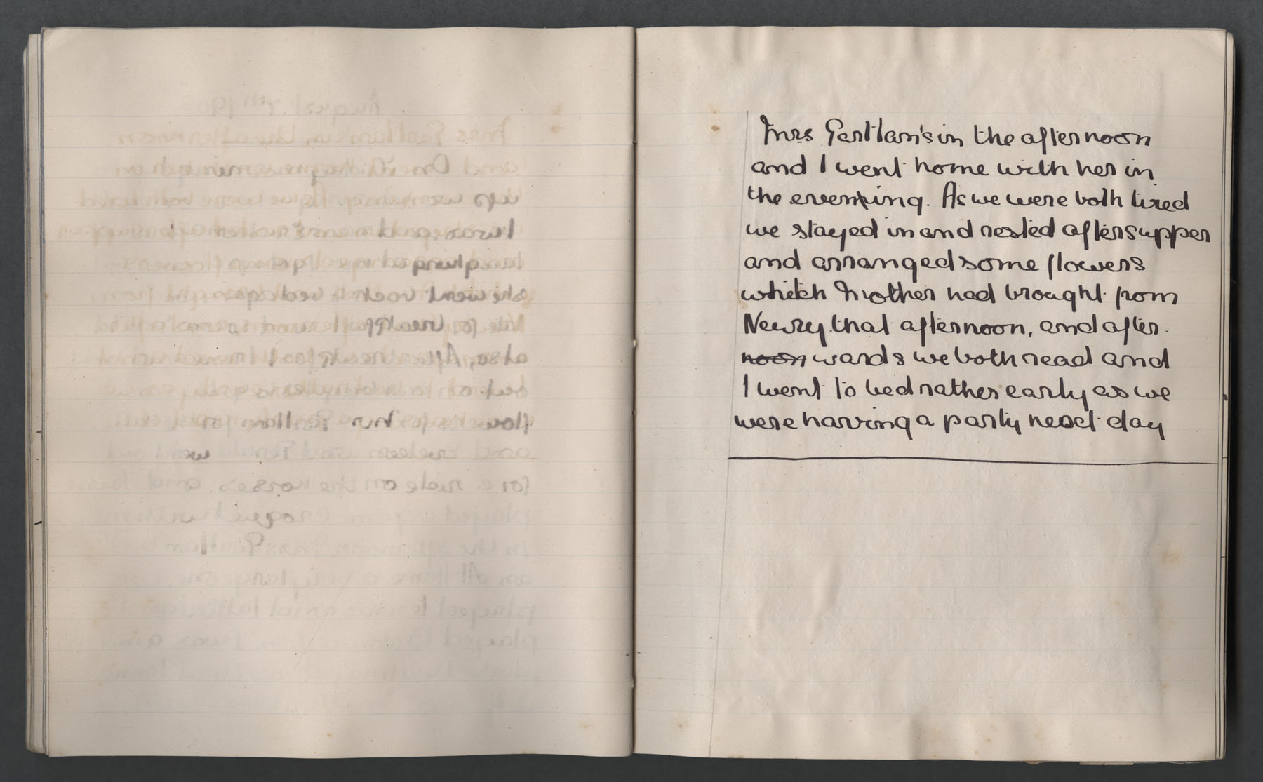 Left page blank. Right page: 'and arranged some flowers which mother had brought from Newry',