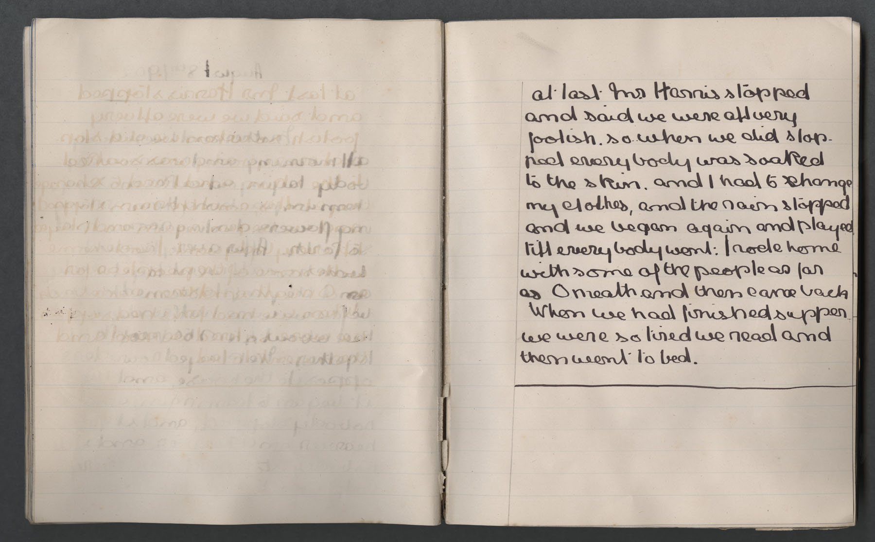 Left page blank. Right page: 'at last Mrs Harris stopped', 'I rode home with some of the people as far as Omeath'