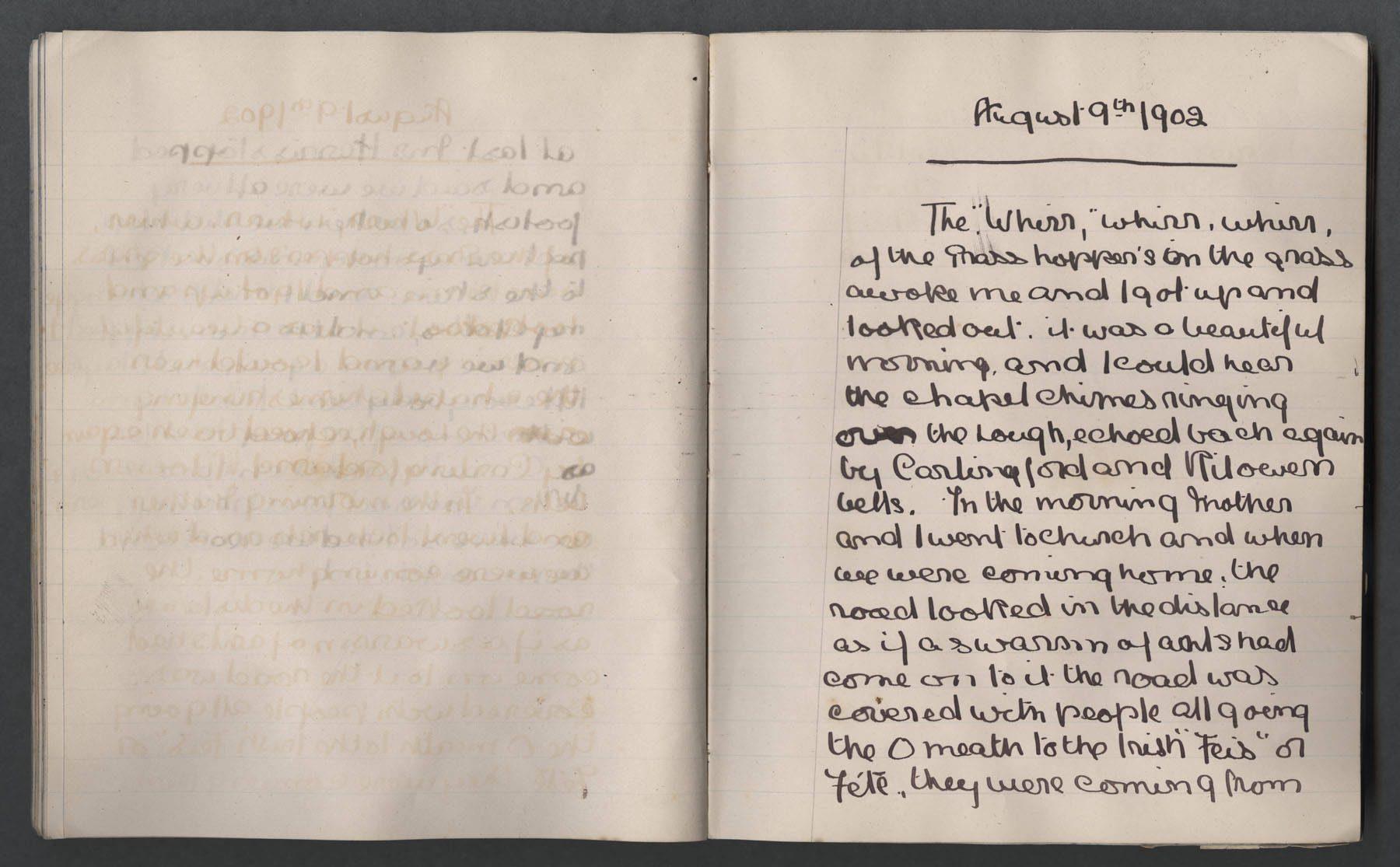 Left page blank. Right page: ' I could hear the Chapel chimes ringing over the lough', 'the road was covered with people all going to Omeath to the Irish Feis or Fete',