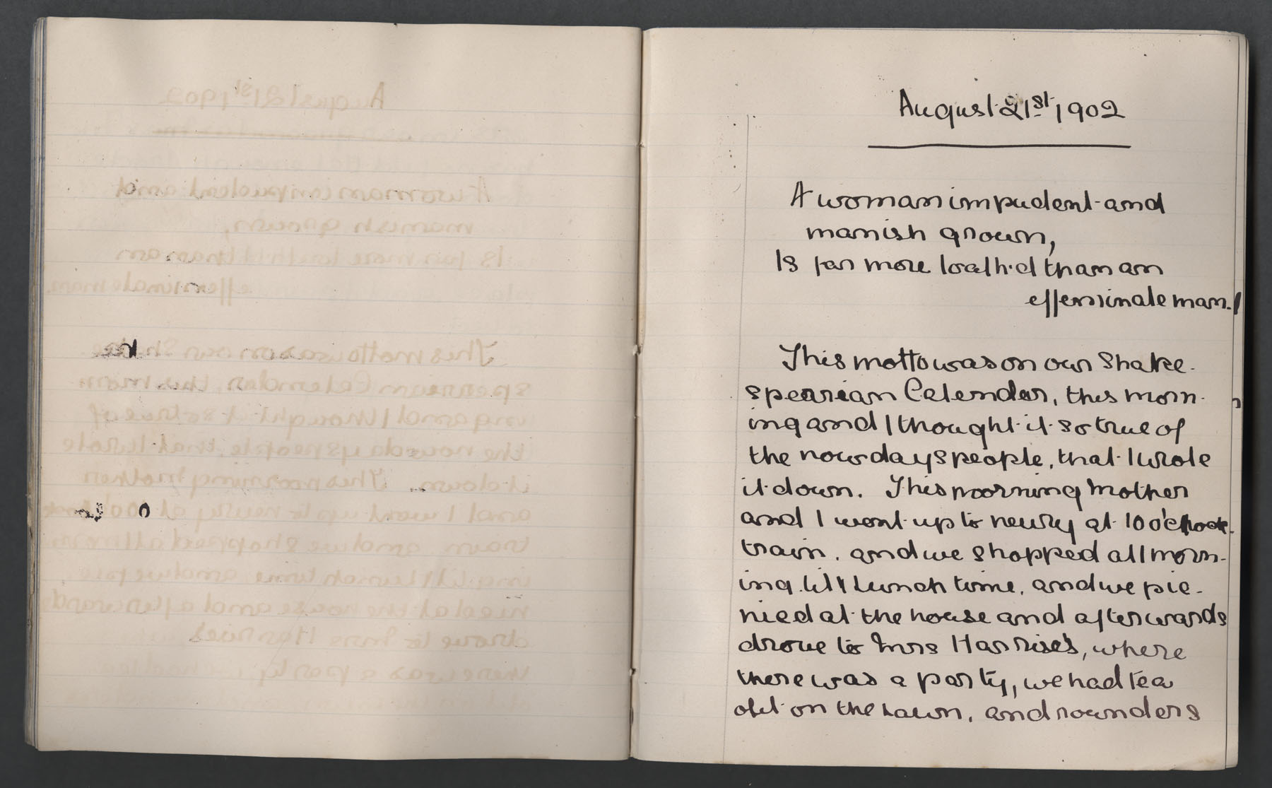 Ruth Martin Carvill's late 1902 Journal, entry dated 21 Aug 1902, pg 1 of 2.