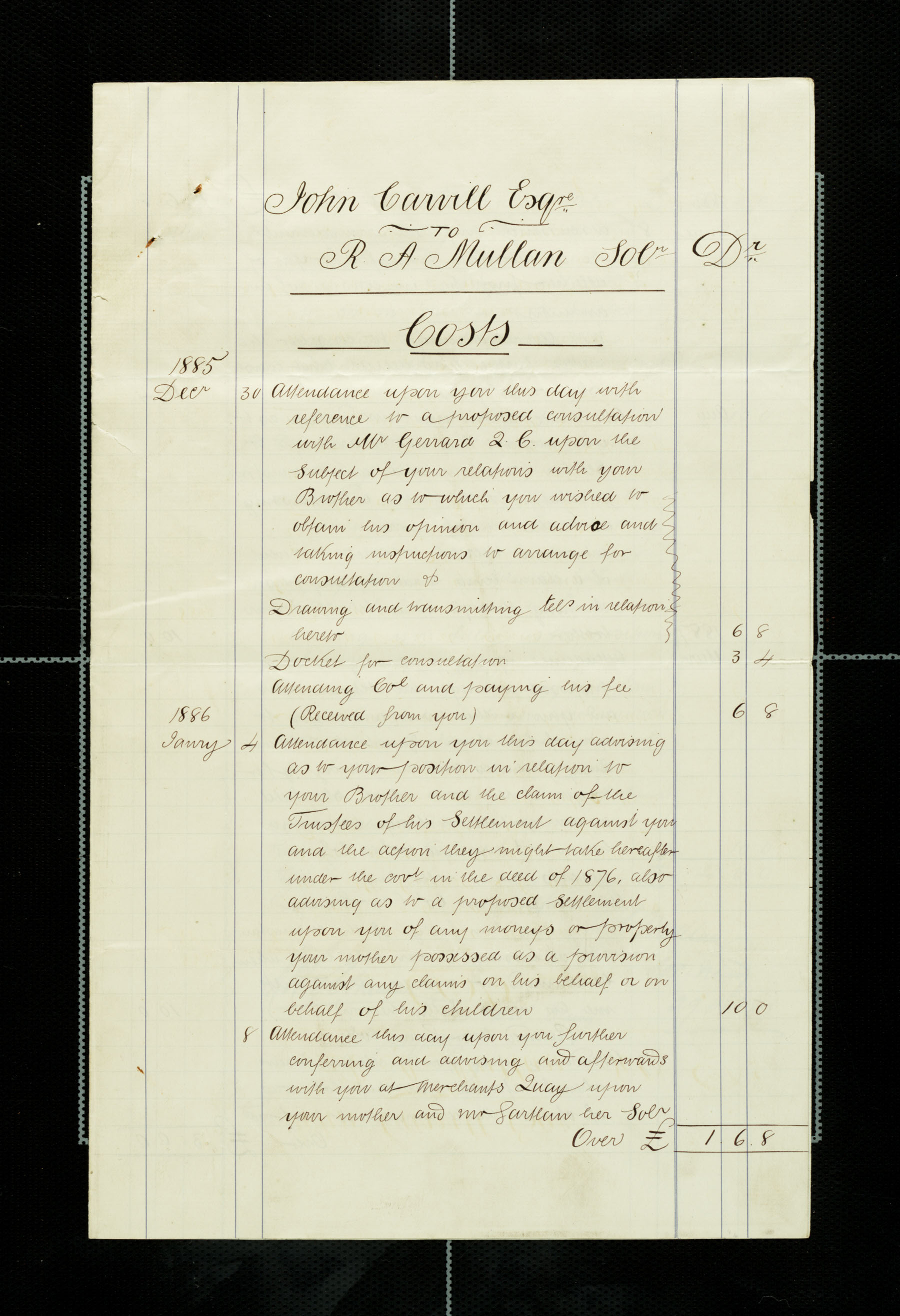 Lawyer bills from Mullan to Carvill, 1885-1887, page 1 of 4