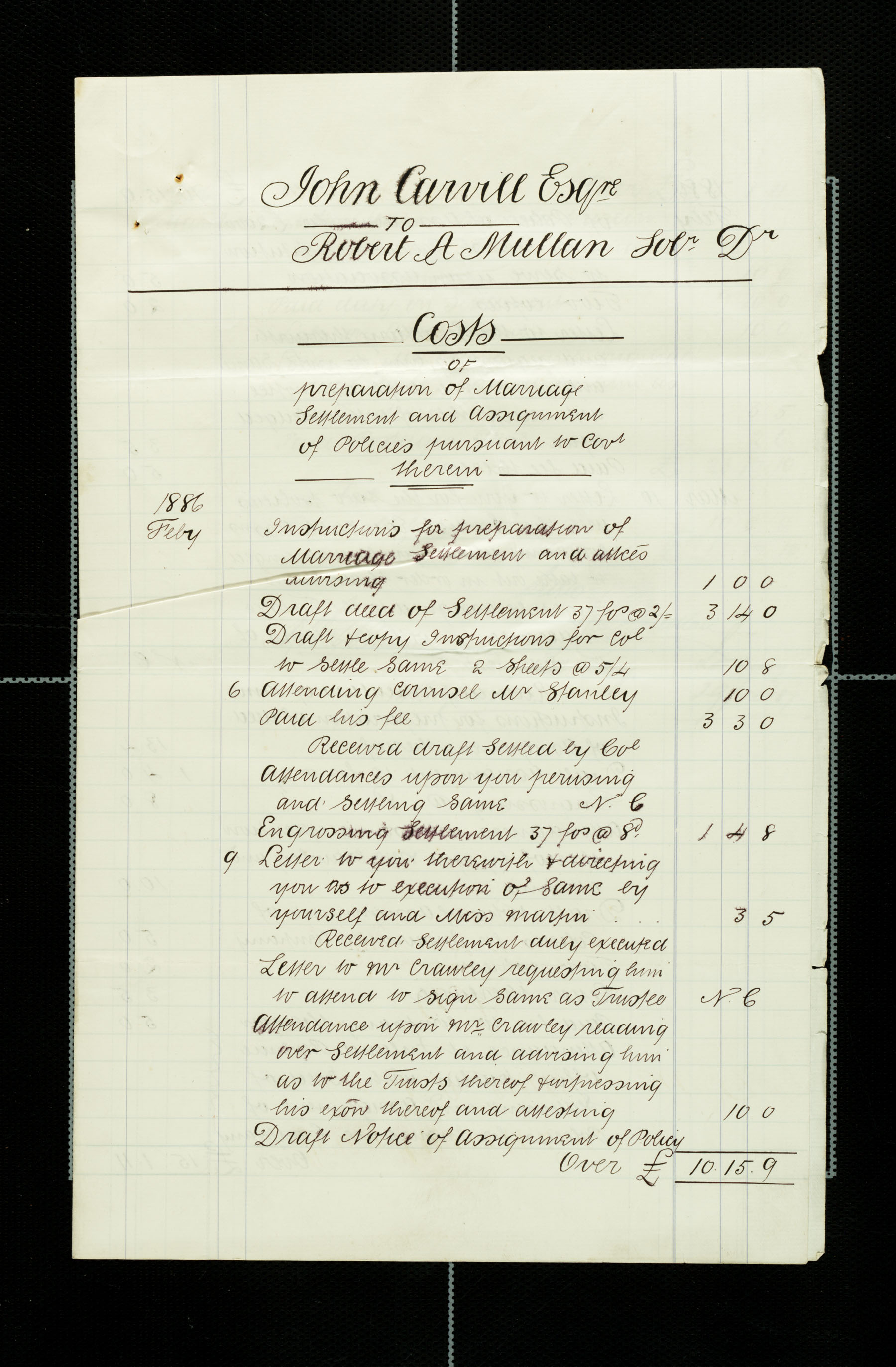 Lawyer bills from Mullan to Carvill re: Marriage settlement, Feb-Mar 1886, page 1 of 4