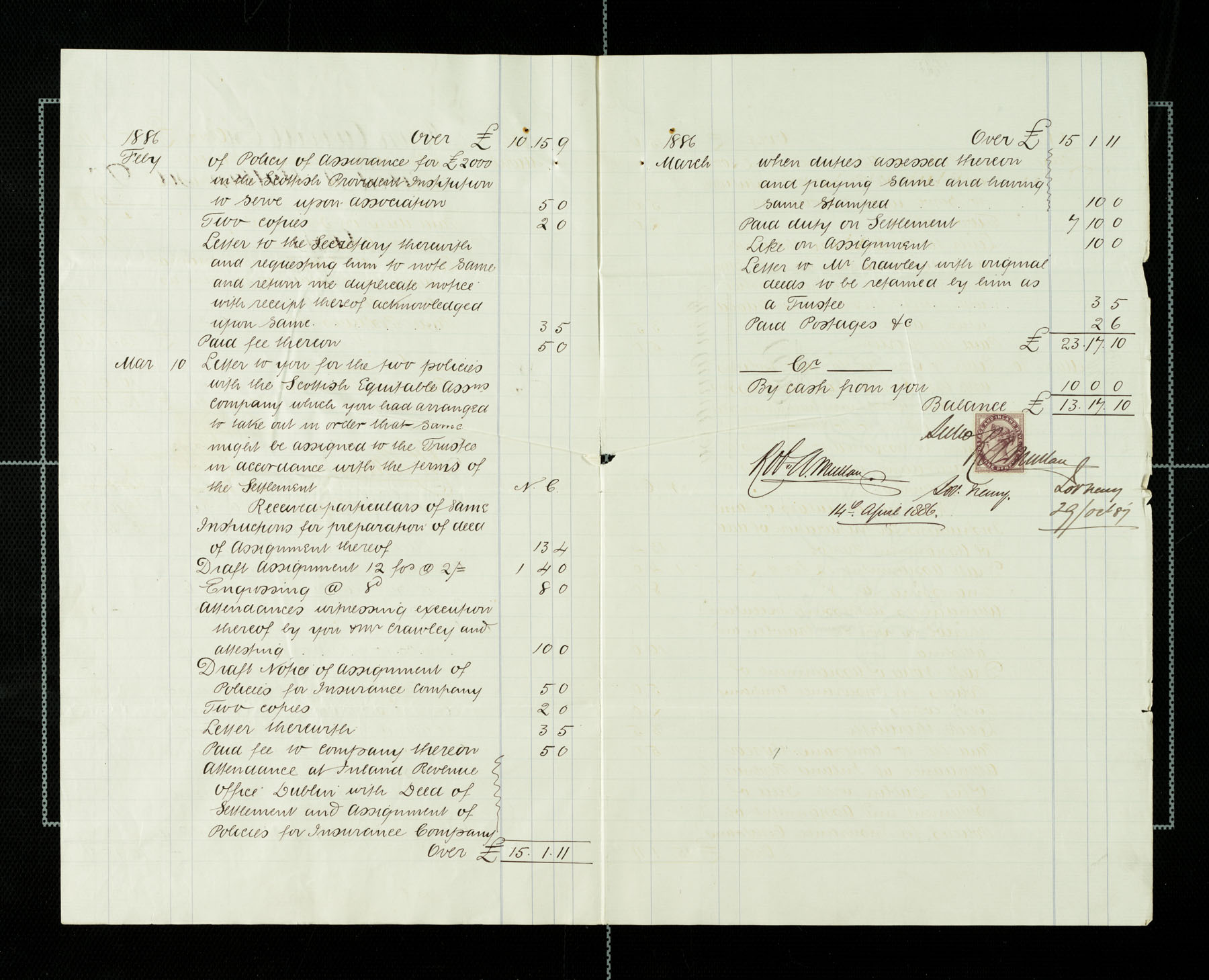 Lawyer bills from Mullan to Carvill re: Marriage settlement,  Feb-Mar 1886, page 2-3 of 4