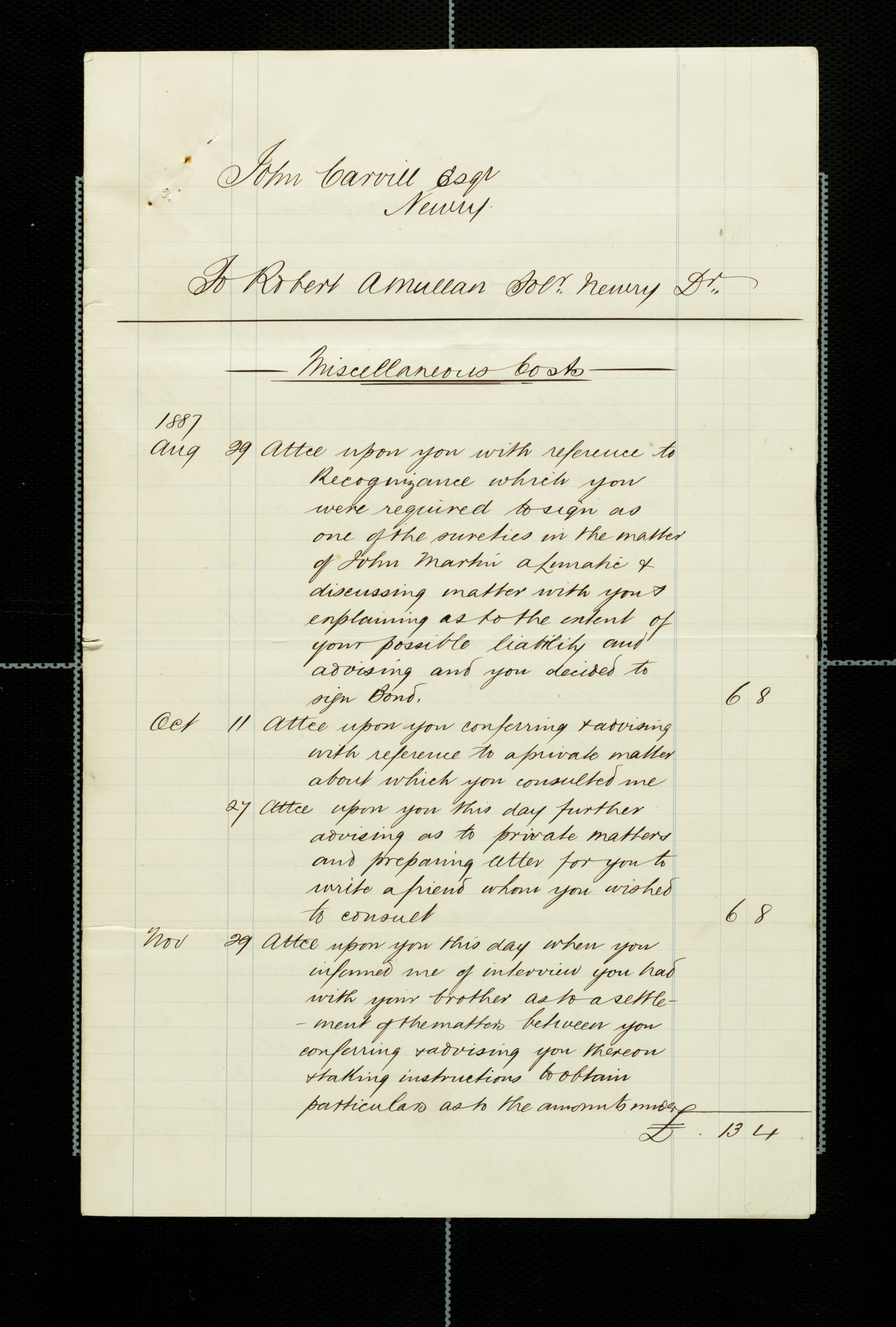 Lawyer bills from Mullan to Carvill, 1887-1888, page 1 of 6