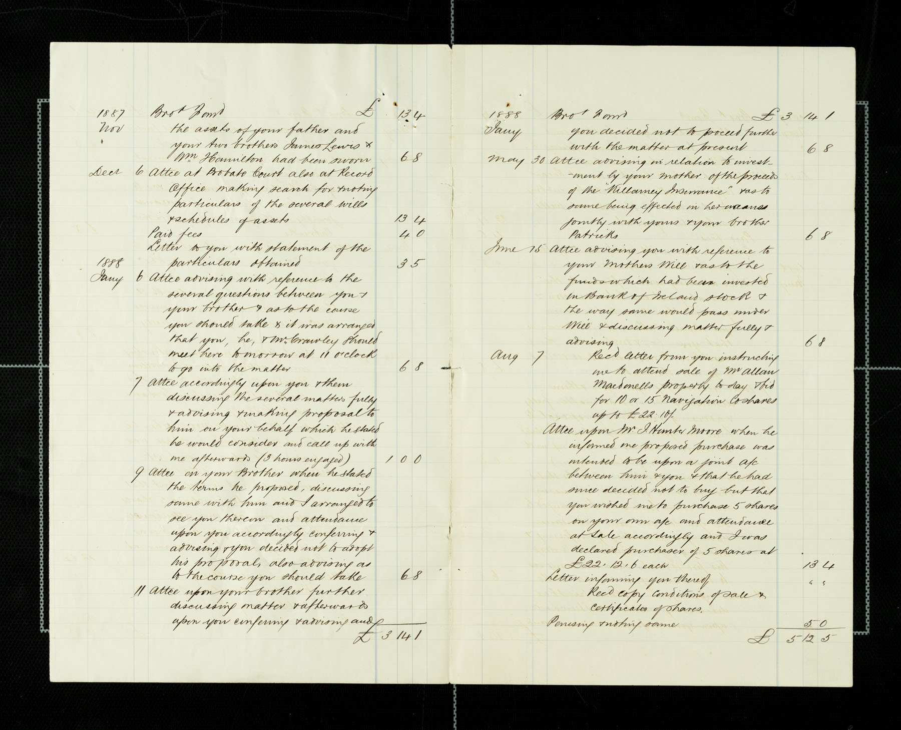 Lawyer bills from Mullan to Carvill, 1887-1888, page 2 &amp; 3 of 6