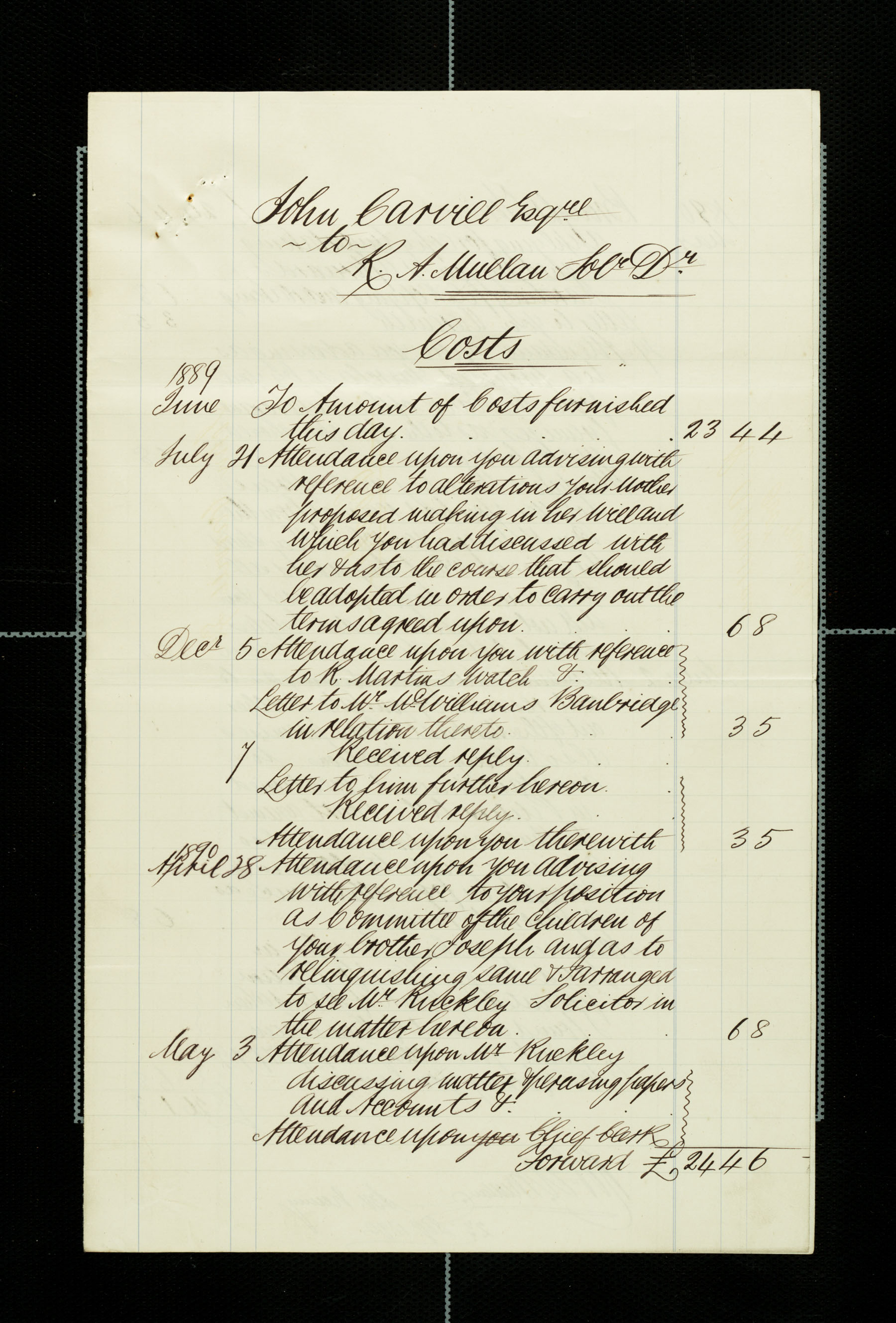 Lawyer bills from Mullan to Carvill, 1889-1890, page 1 of 3