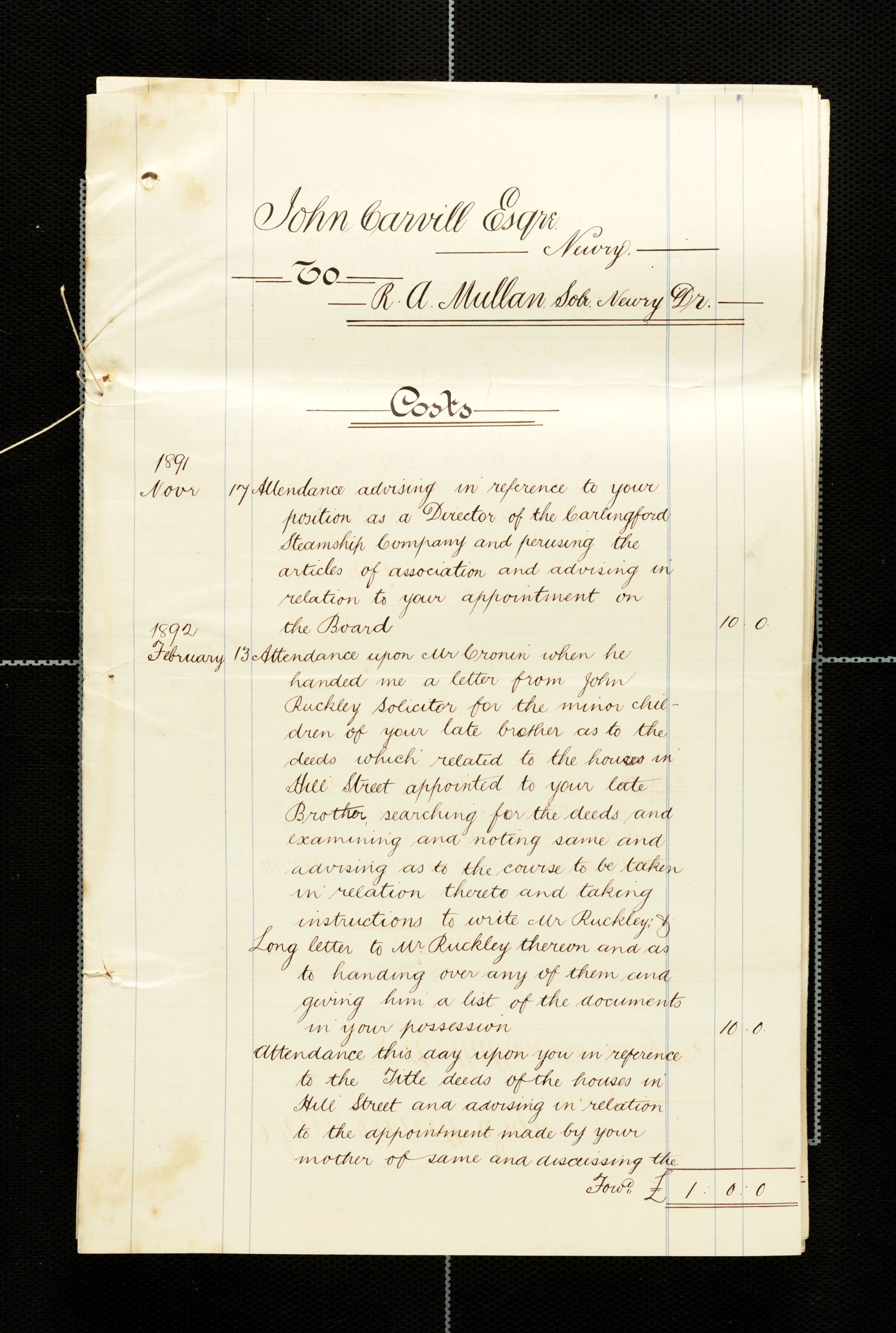 Lawyer bills from Mullan to Carvill, 1891-1893, page 1 of 8