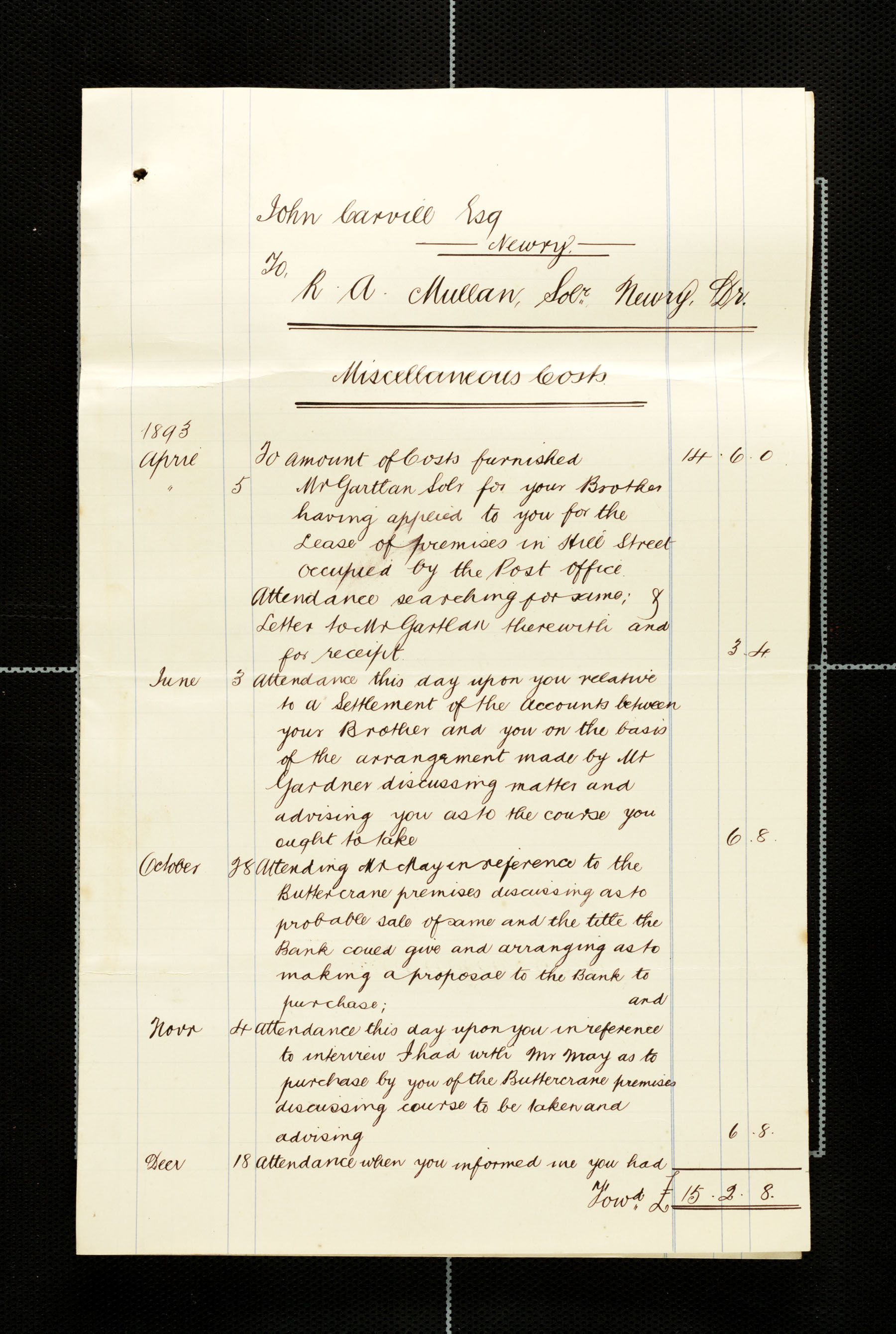 Lawyer bills from Mullan to Carvill, 1893-1894, page 1 of 3