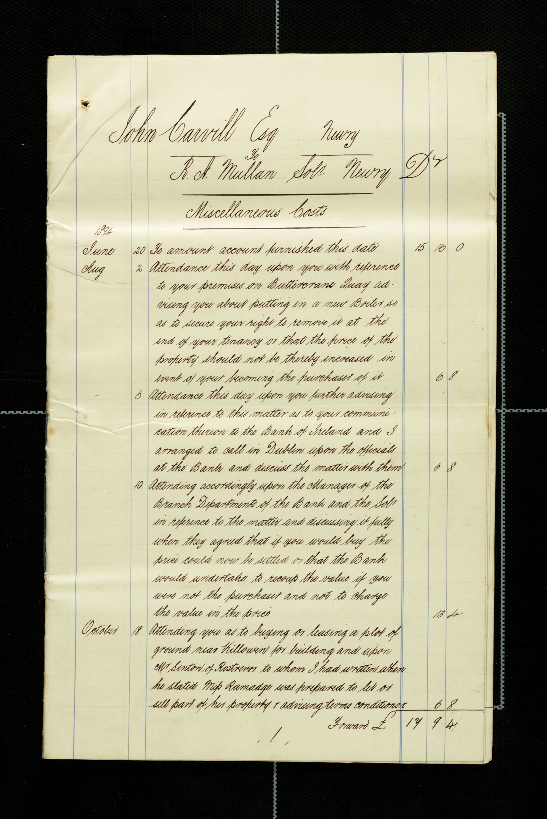 Lawyer bills from Mullan to Carvill, 1894-1897, page 1 of 14