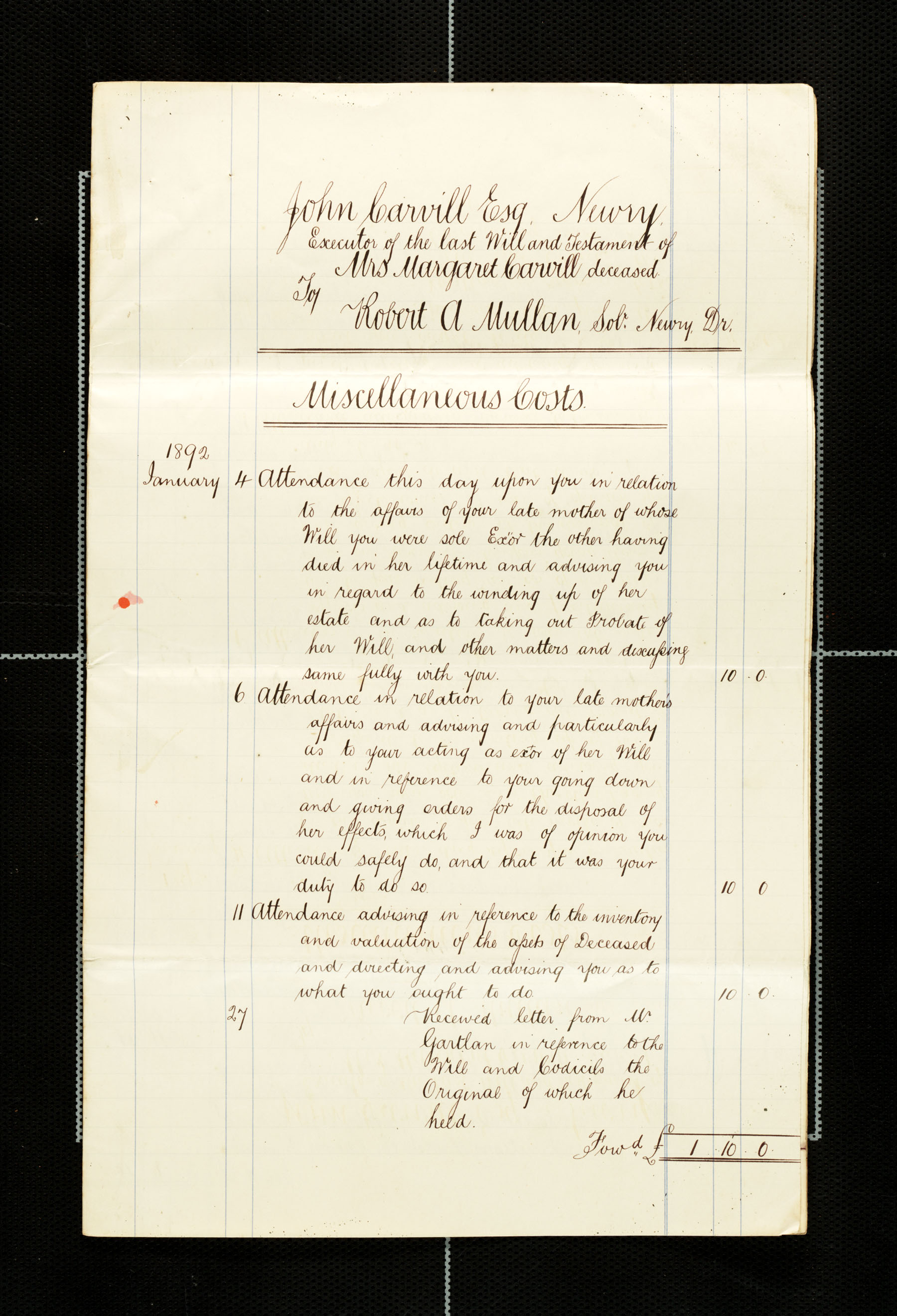 Lawyer bills from Mullan to Carvill, as executor of the Will of his mother, Margaret Hamilton Carvill, 1892, page 1 of 5