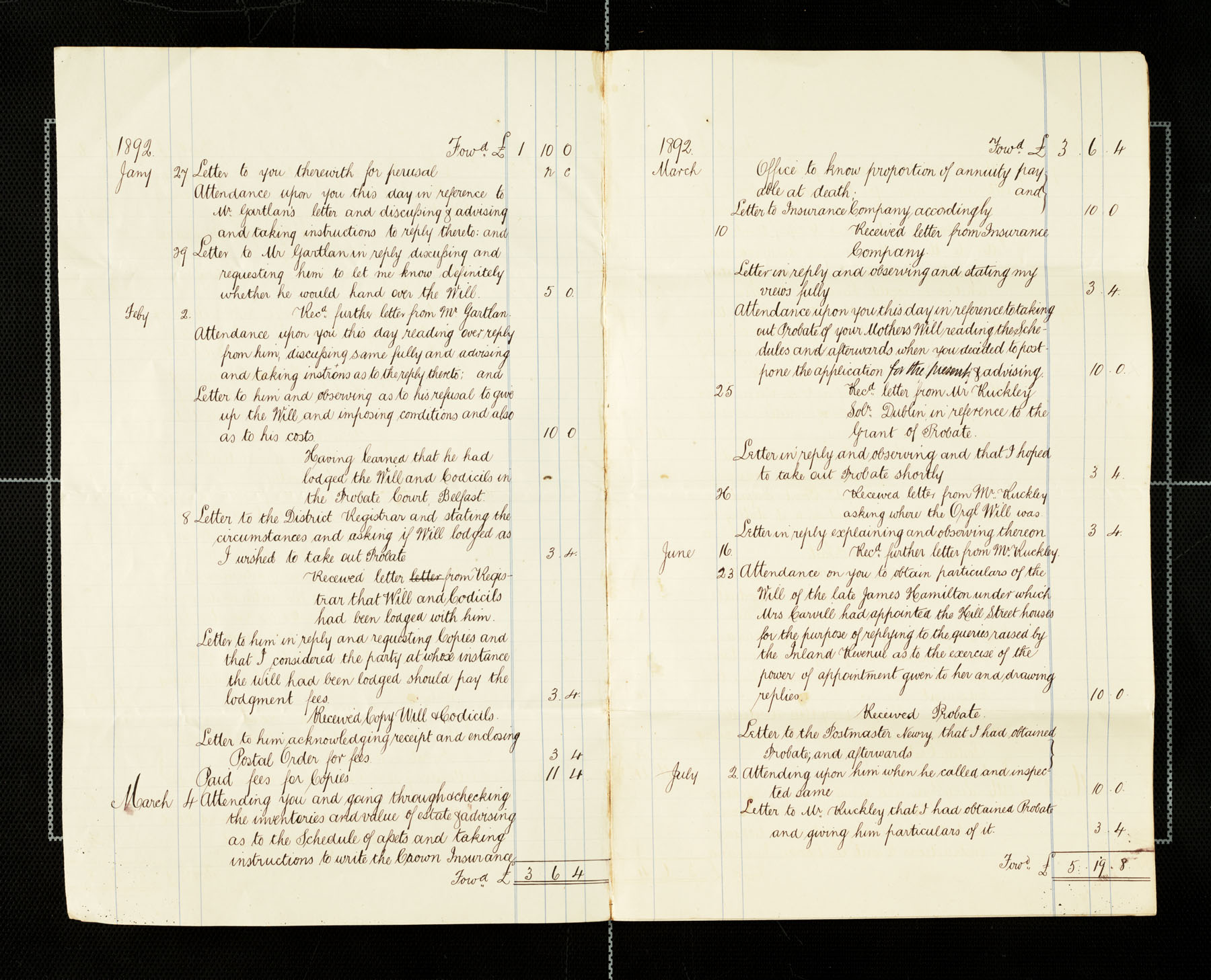 Lawyer bills from Mullan to Carvill, as executor of the Will of his mother, Margaret Hamilton Carvill, 1892, page 2 &amp; 3 of 5