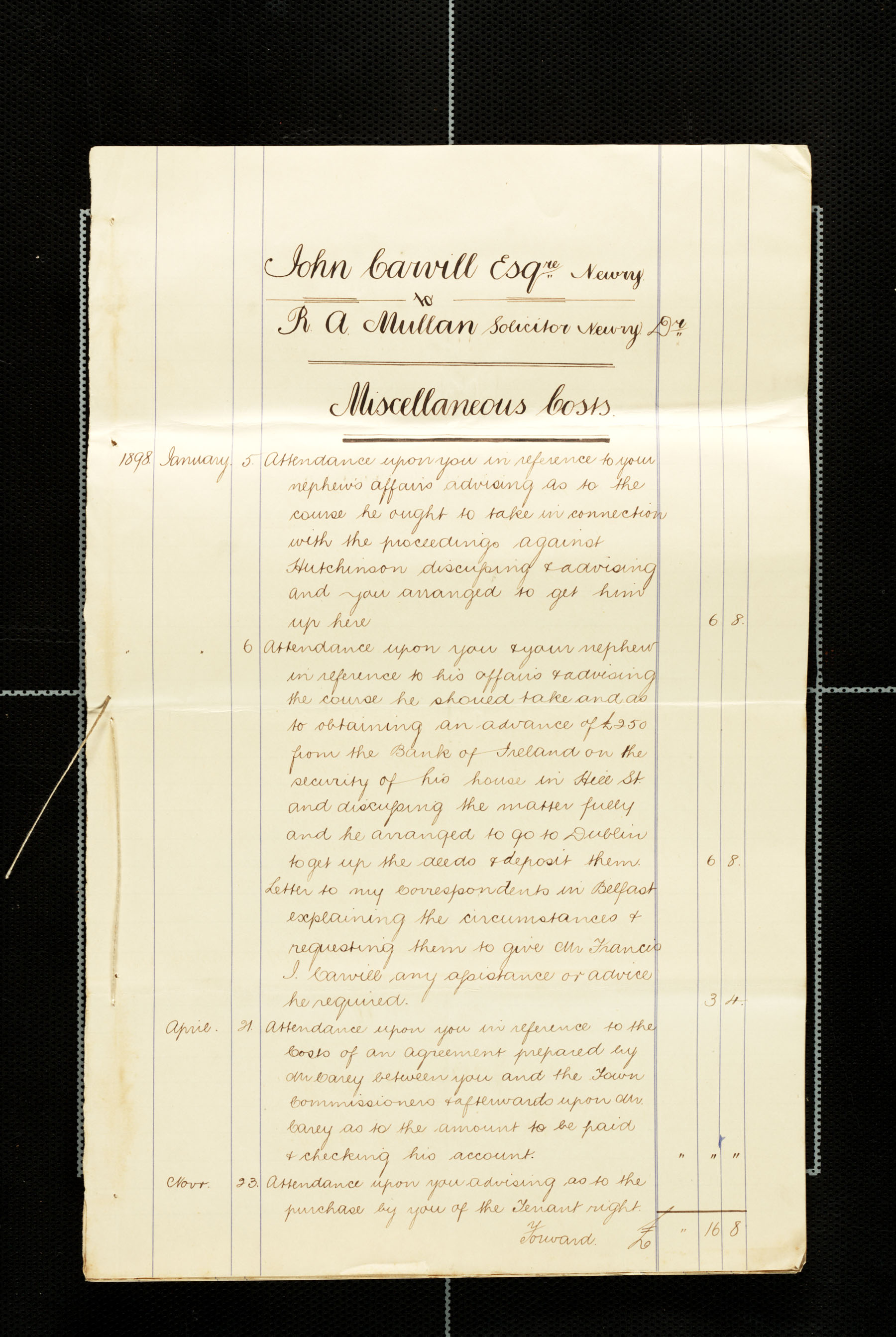 Lawyer bills from Mullan to Carvill, 1898-1900, page 1 of 5