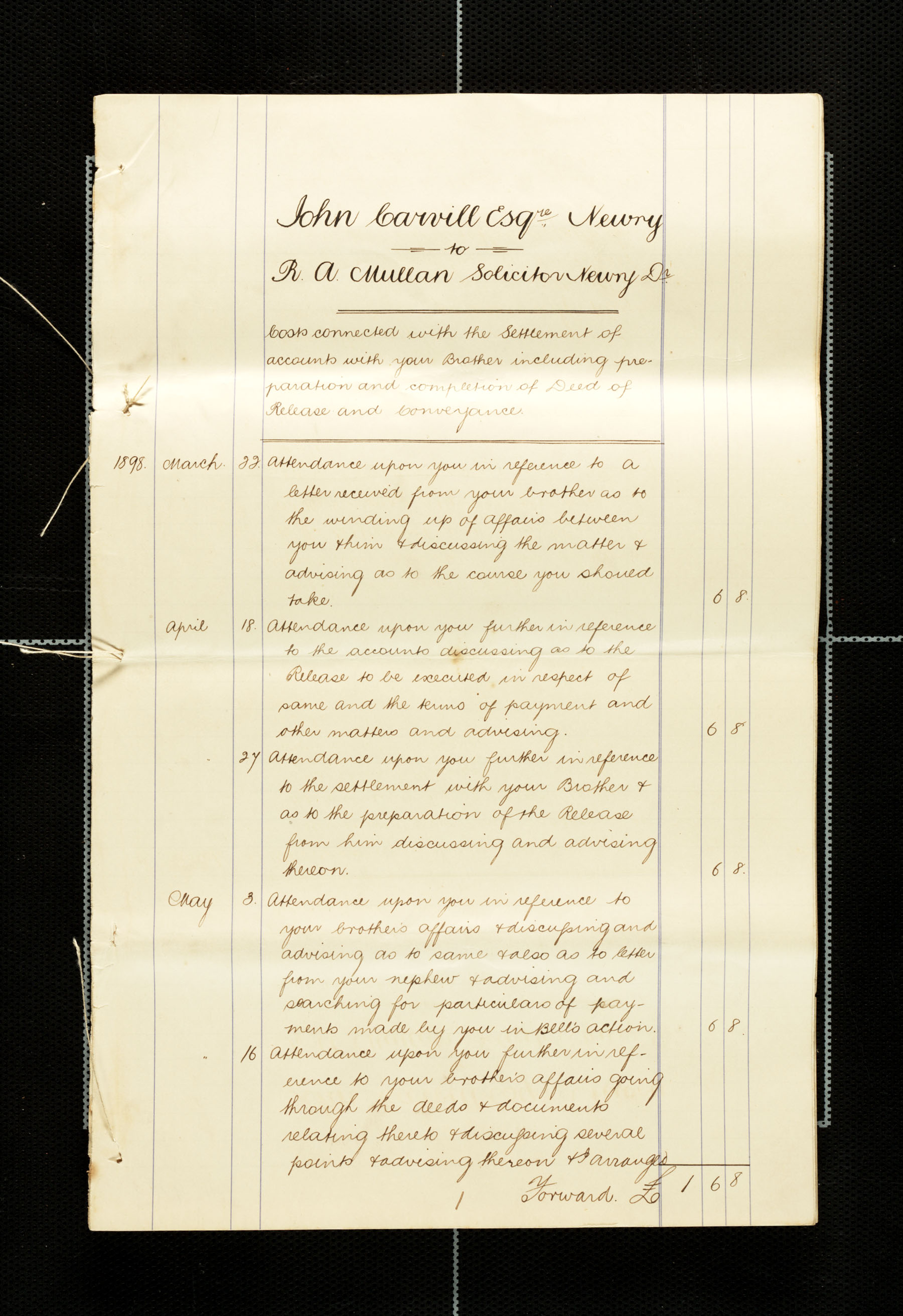 Lawyer bills from Mullan to Carvill, 1898-1900, page 1 of 21.