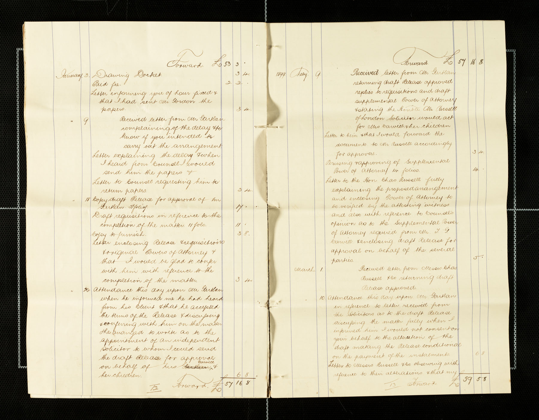 Lawyer bills from Mullan to Carvill, 1898-1900, page 12-13 of 21.