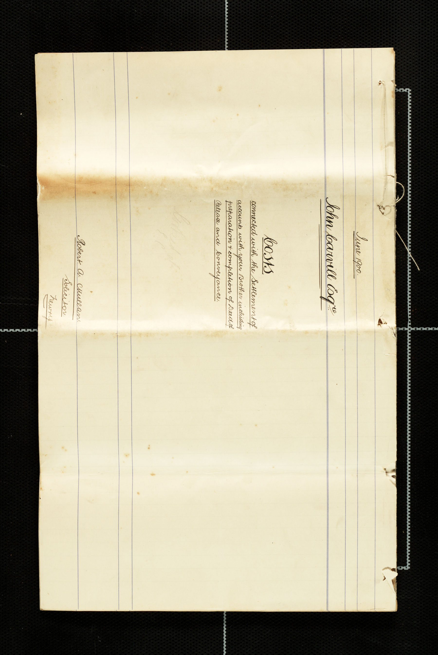 Lawyer bills from Mullan to Carvill, 1898-1900, page 21 of 21. COVER PAGE