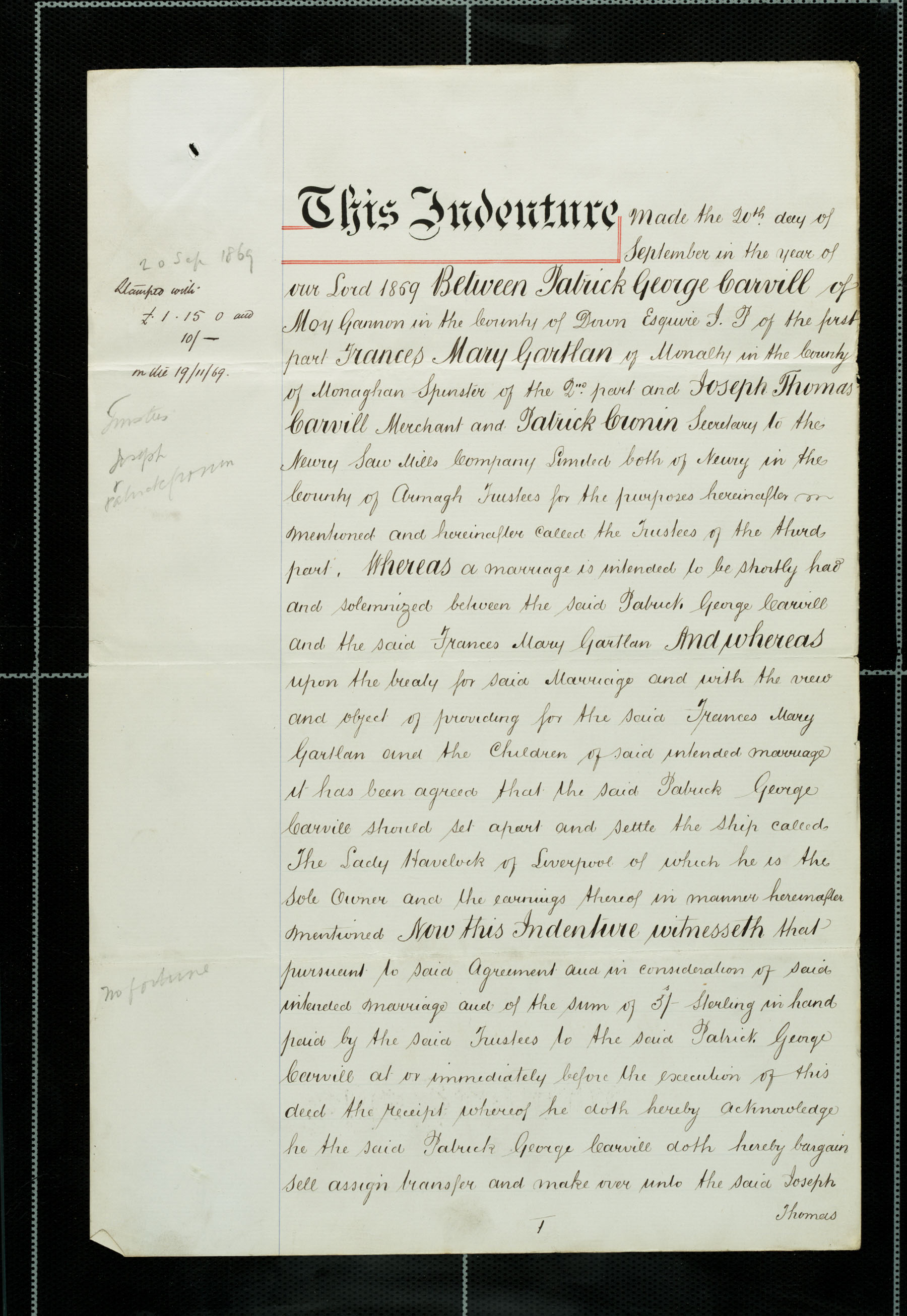 Marriage Settlement of ship "The Lady Havelock", dated 20 Sept 1869, page 1 of 11