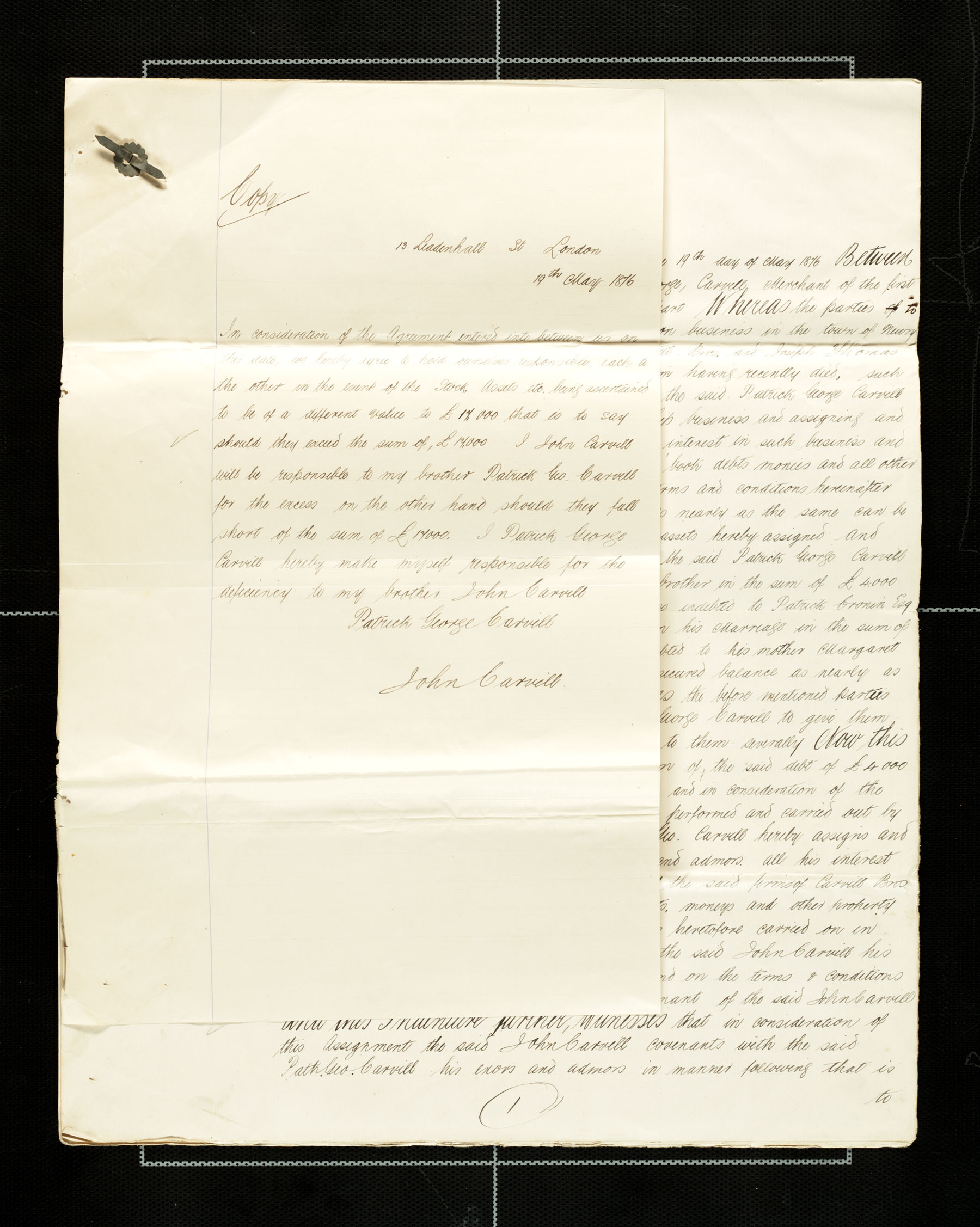 19 May 1876 letter of agreement between Carvill Brothers, Patrick George &amp; John. pg 1 of 5