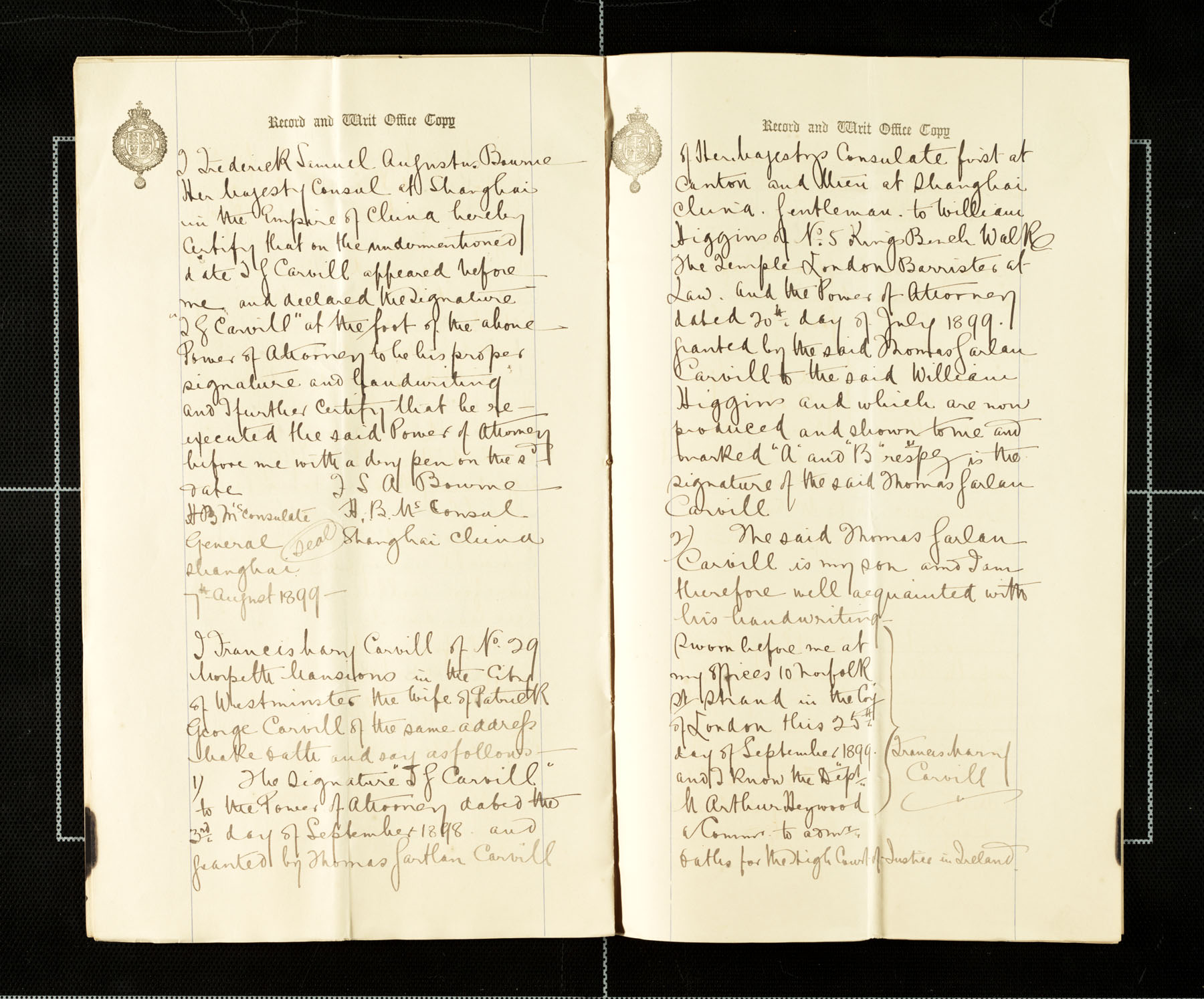 Attestations attached to Power of Attorney from T G Carvill to William Higgins, Aug-Sept 1899