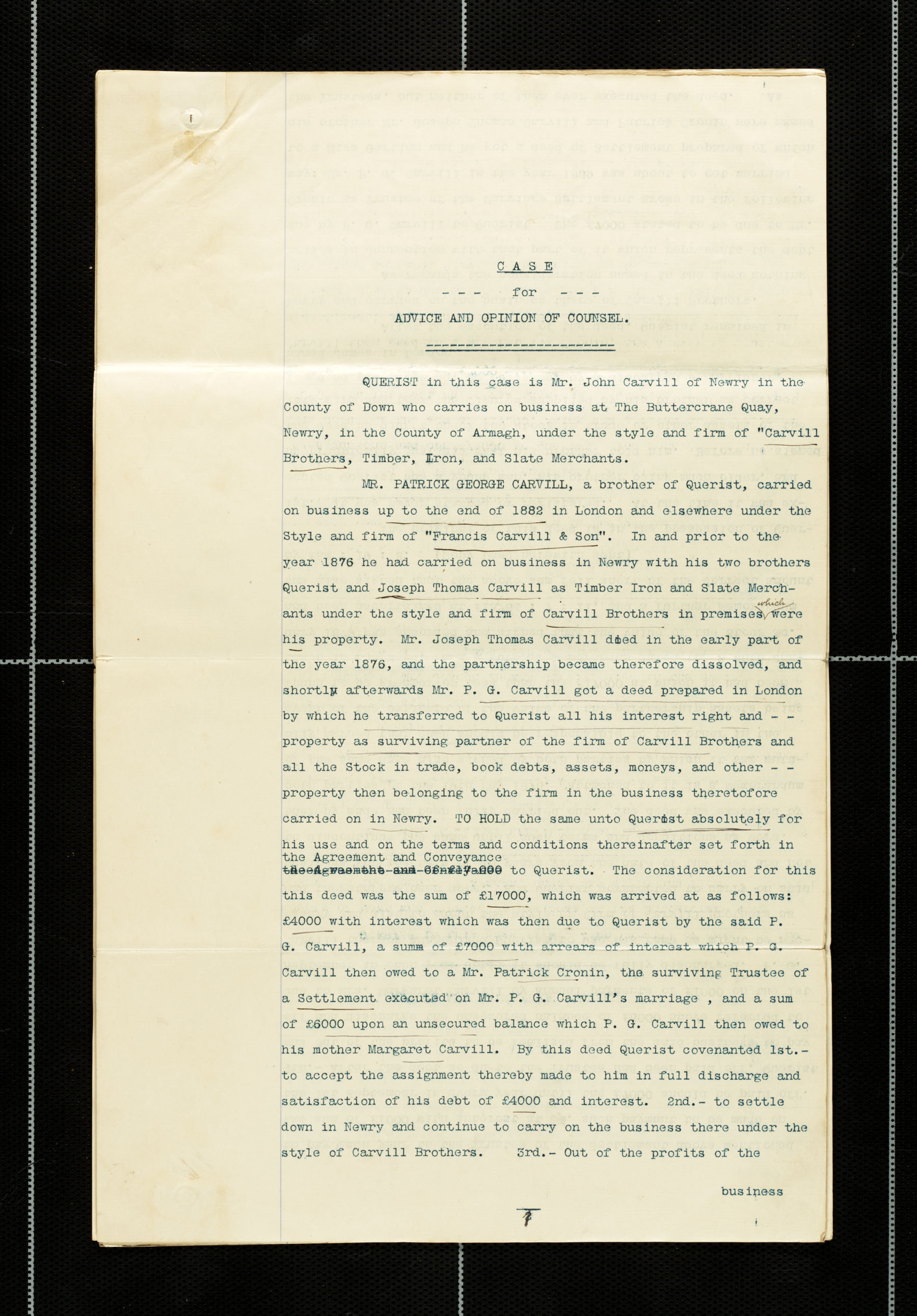 Case for Advice &amp; Opinion of Counsel on behalf of  John Carvill, page 1 of 10