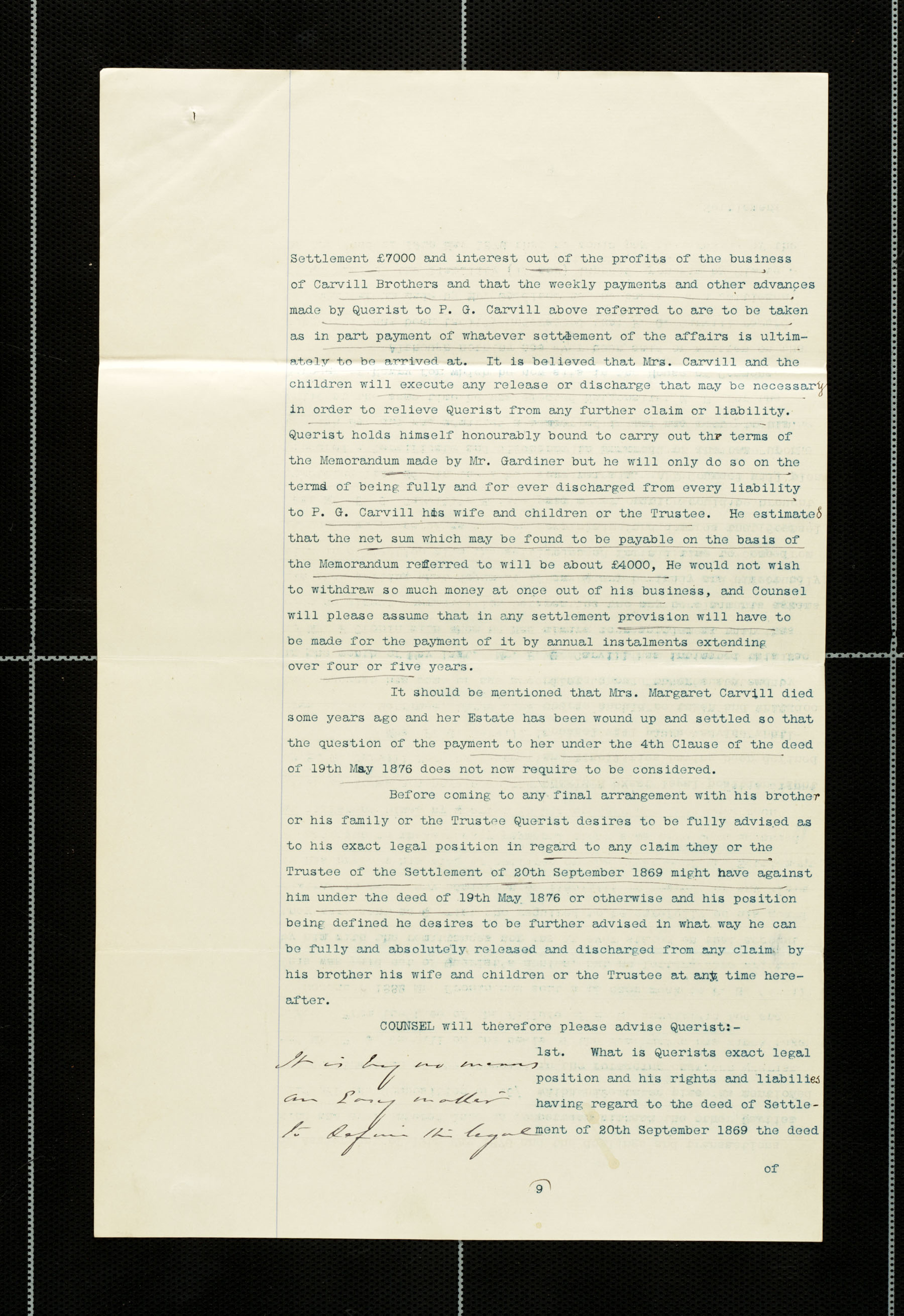 Case for Advice &amp; Opinion of Counsel on behalf of  John Carvill, page 9 of 10 (plus handwritten response)