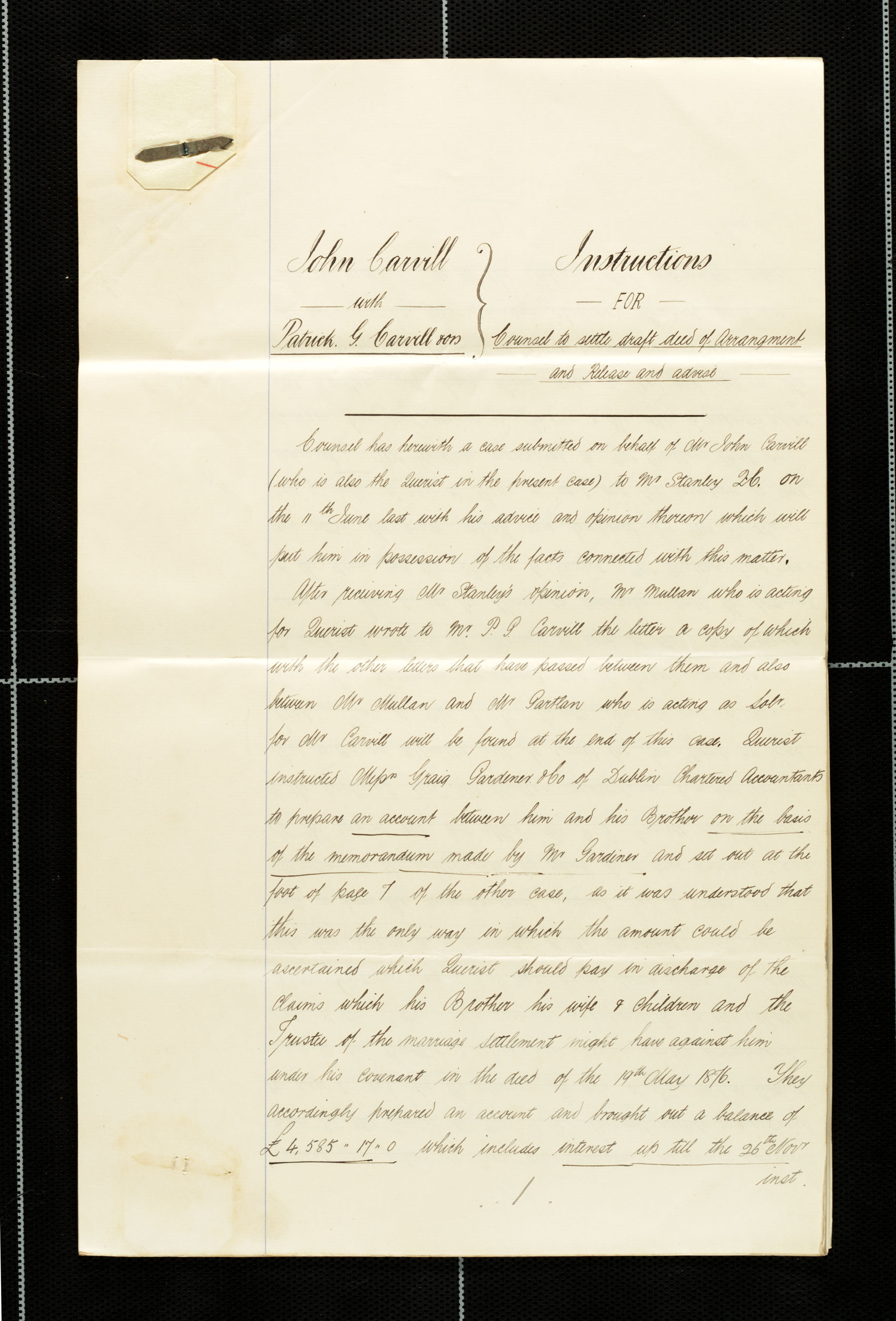 Instructions for Carvill Counsel to settle draft deed of Arrangement &amp; Release, pg 1 of 5.