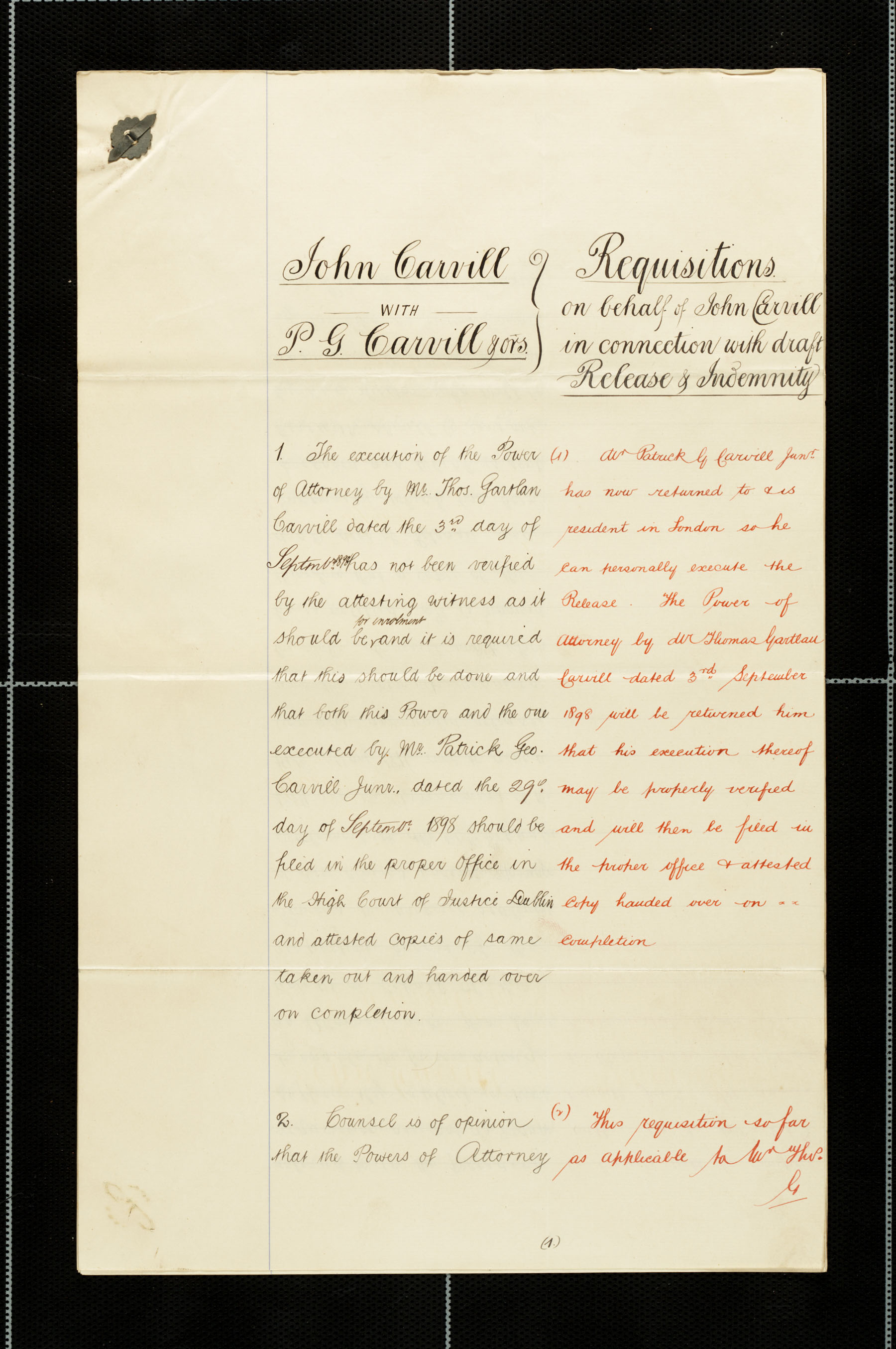 Requisitions on behalf of John Carvill in connection with draft Release &amp; Indemnity, p 1 of 8