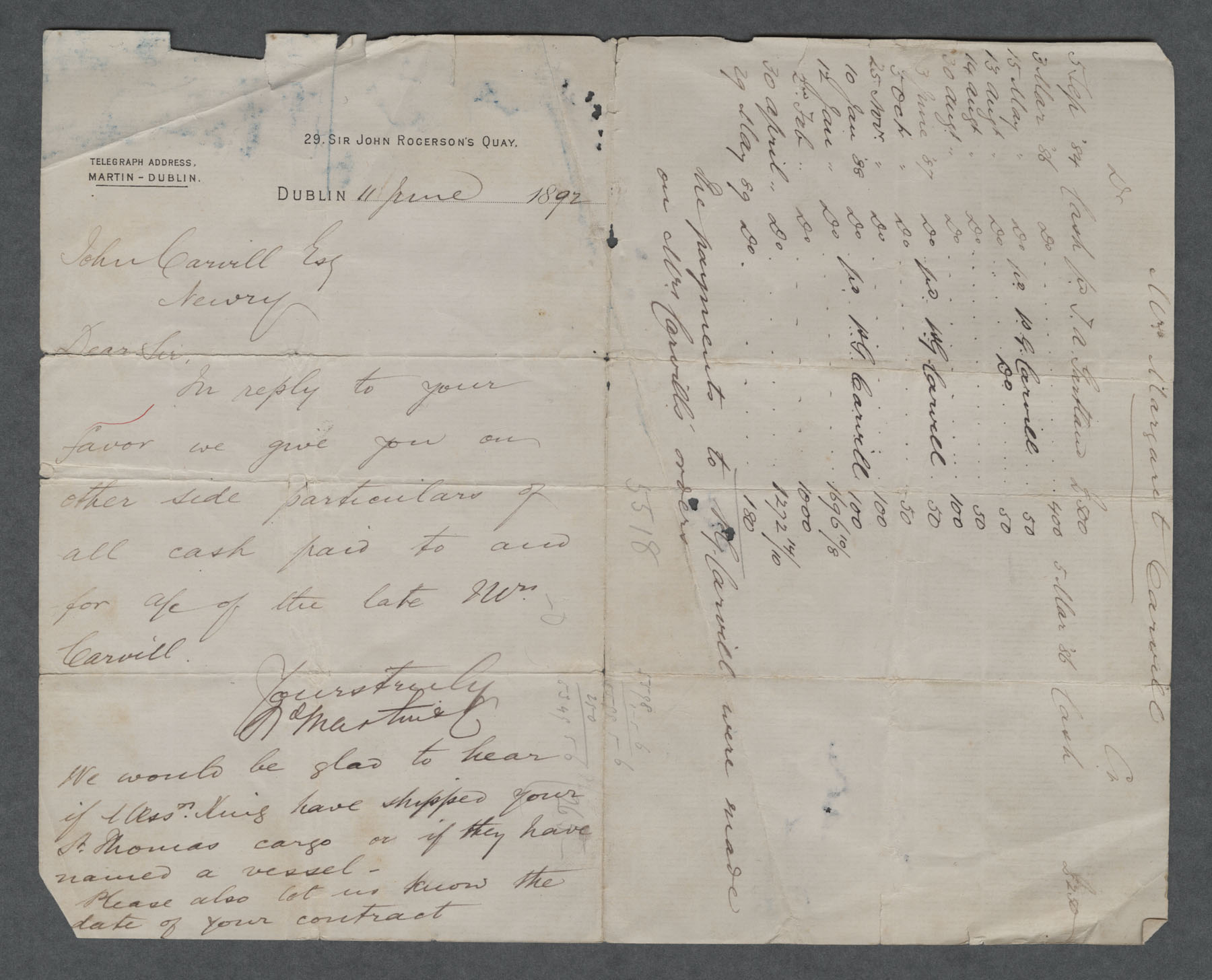 Accounting of cash paid to and for account of the late Mrs. Carvill, 11 June 1892.